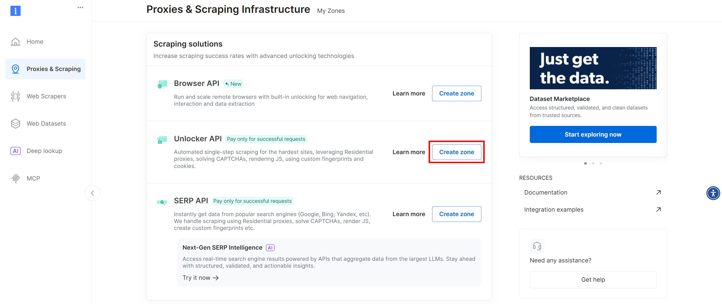 在 “Unlocker API” 区域点击 “Create zone” 按钮
