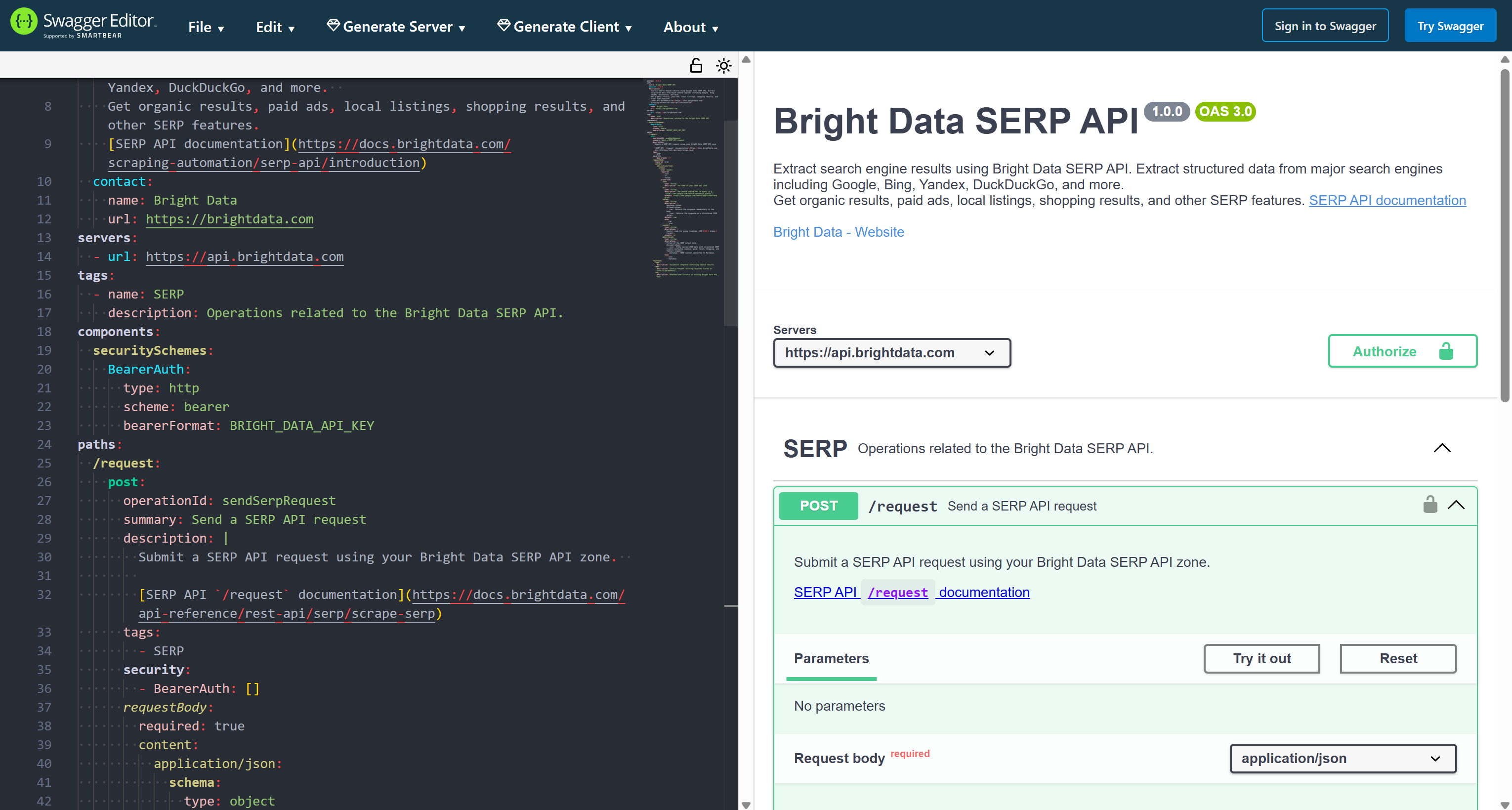 在 Swagger 中测试 Bright Data SERP API 规范