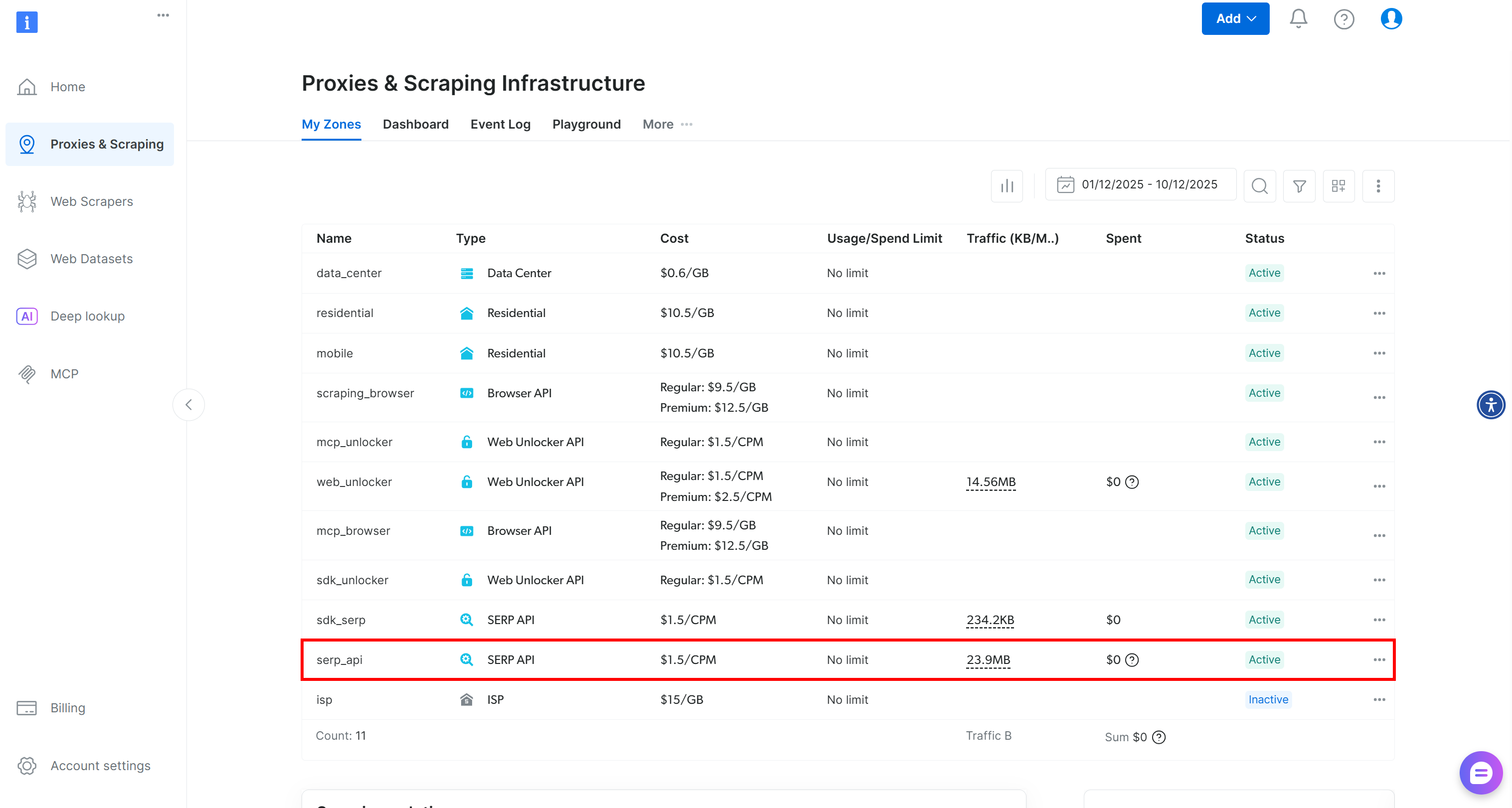记下你账户中名为 "serp_api" 的 SERP API Zone
