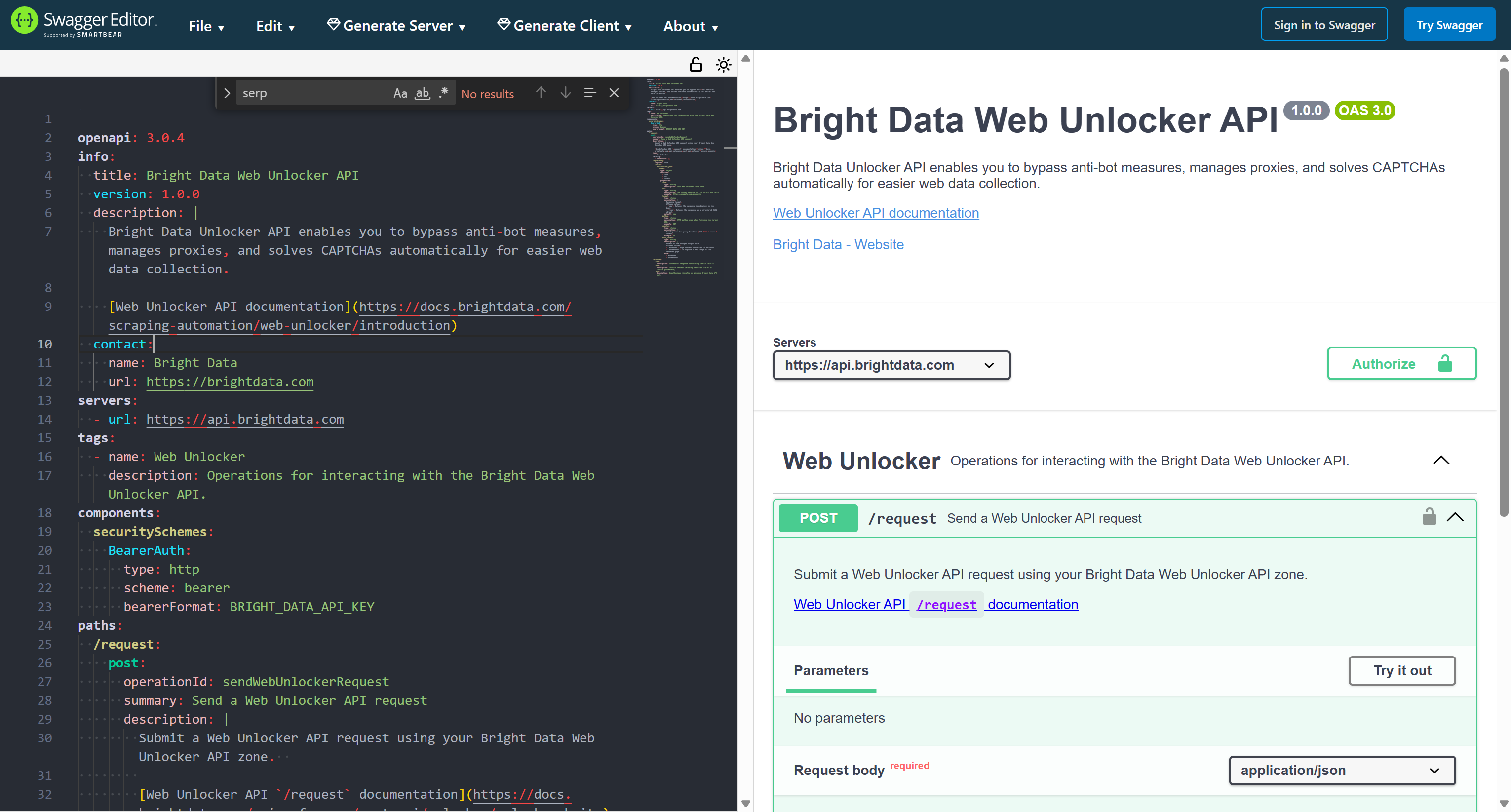 在 Swagger 中测试 Bright Data Web Unlocker API 规范