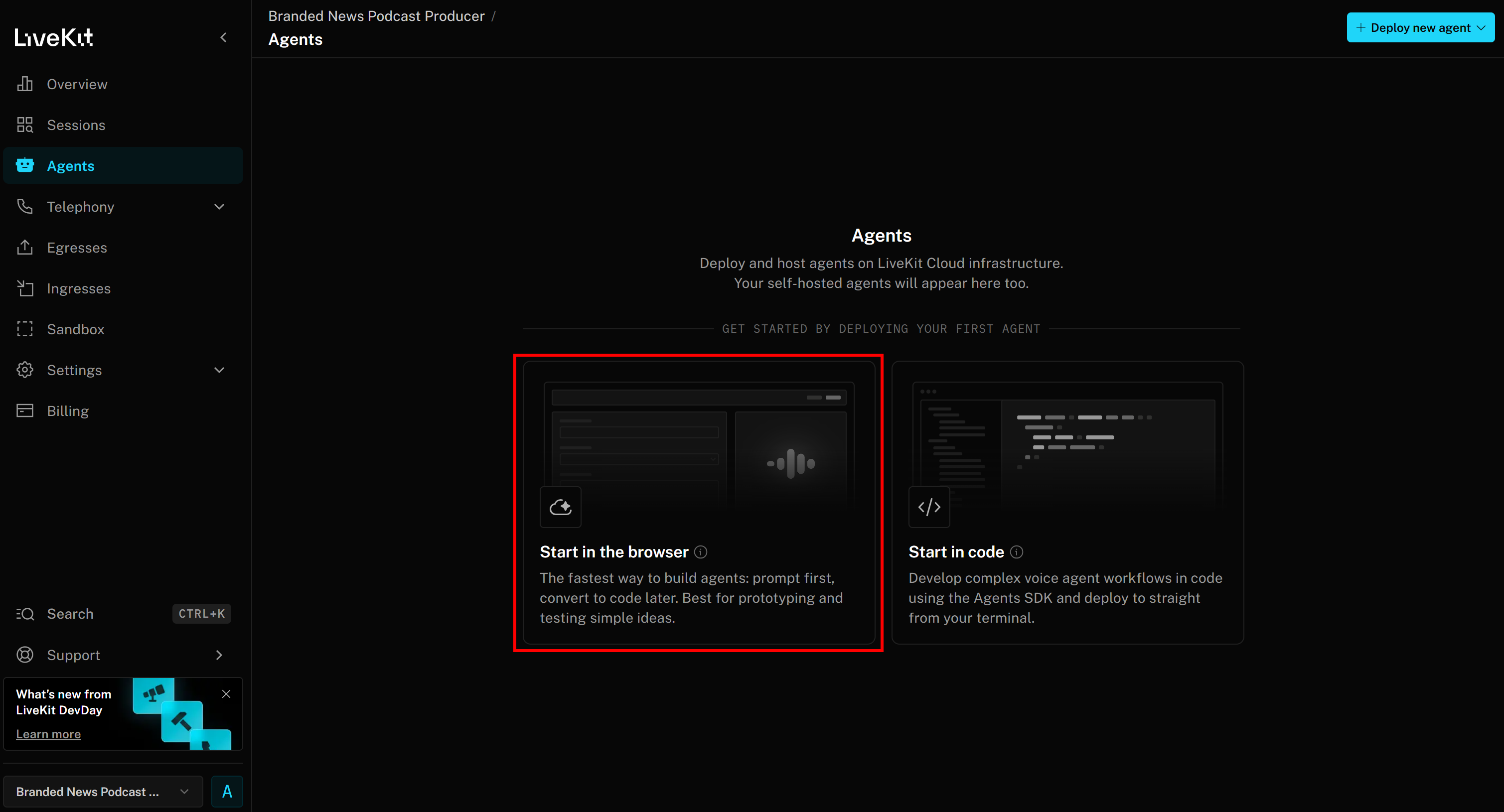 选择“Start in the browser”选项