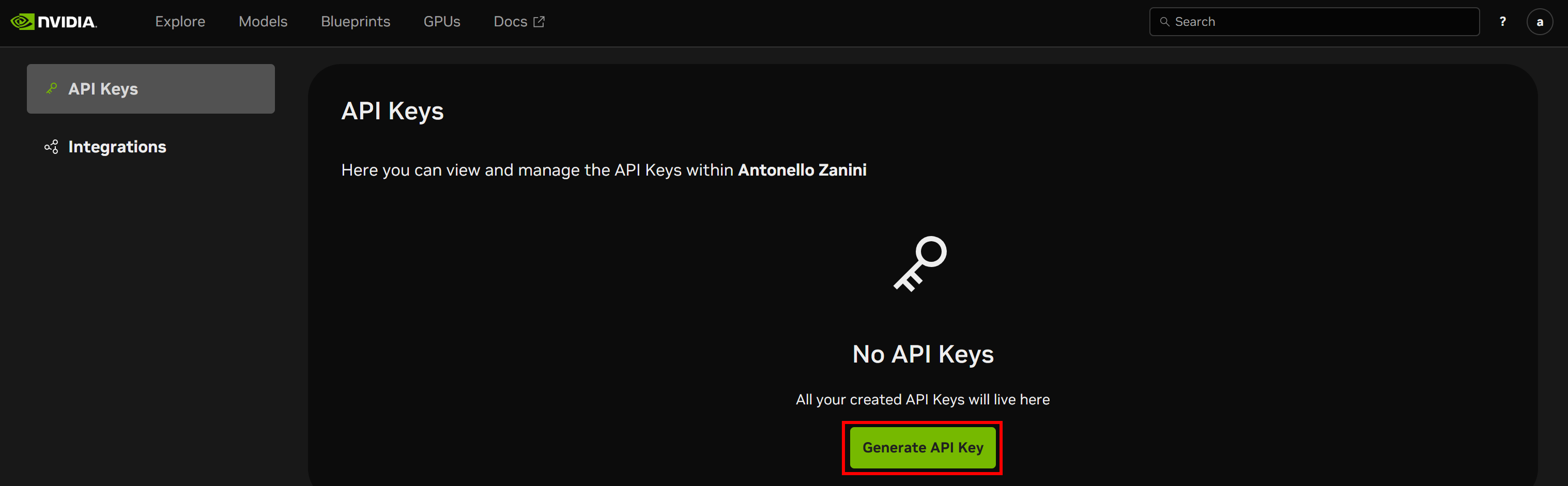 点击 “Generate API Key” 选项