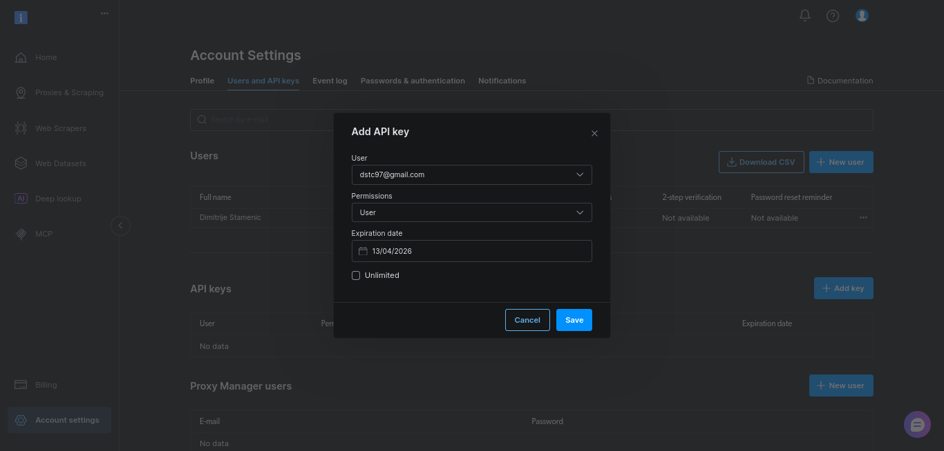 Bright Data 控制台：创建密钥