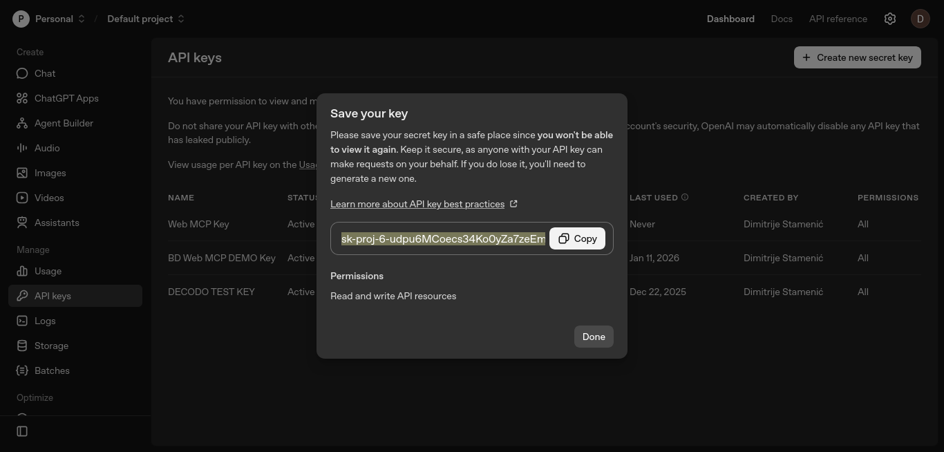 已生成 OpenAI 密钥