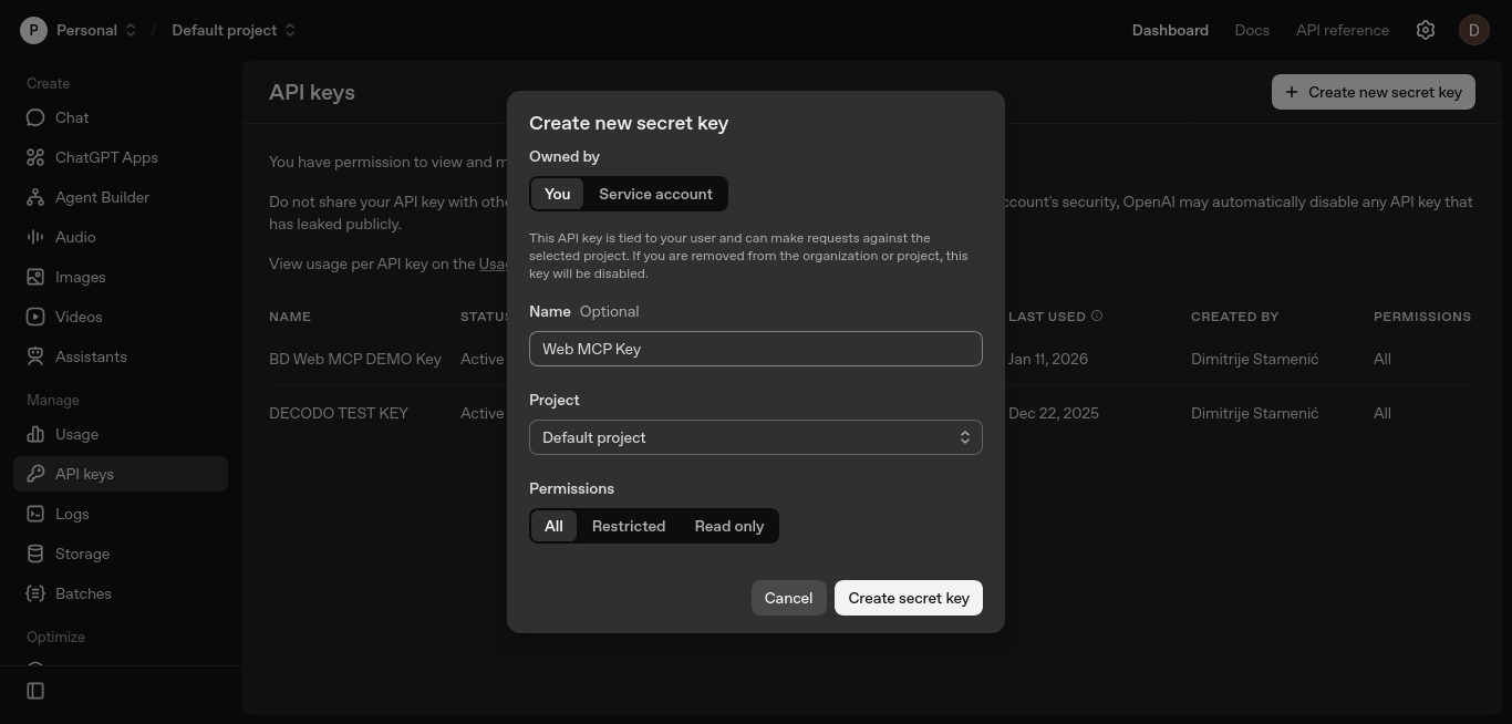 OpenAI 平台创建新密钥页面