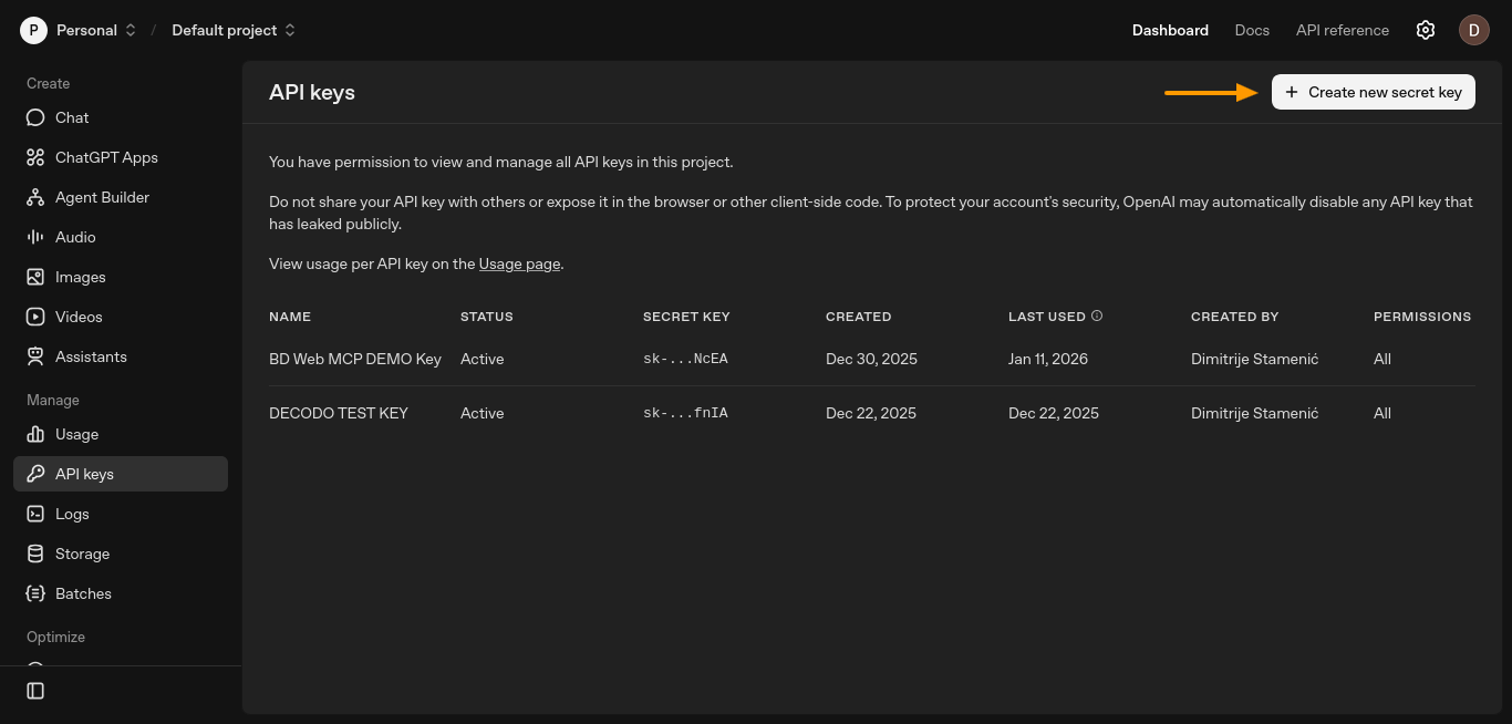 OpenAI 平台 API 密钥页面