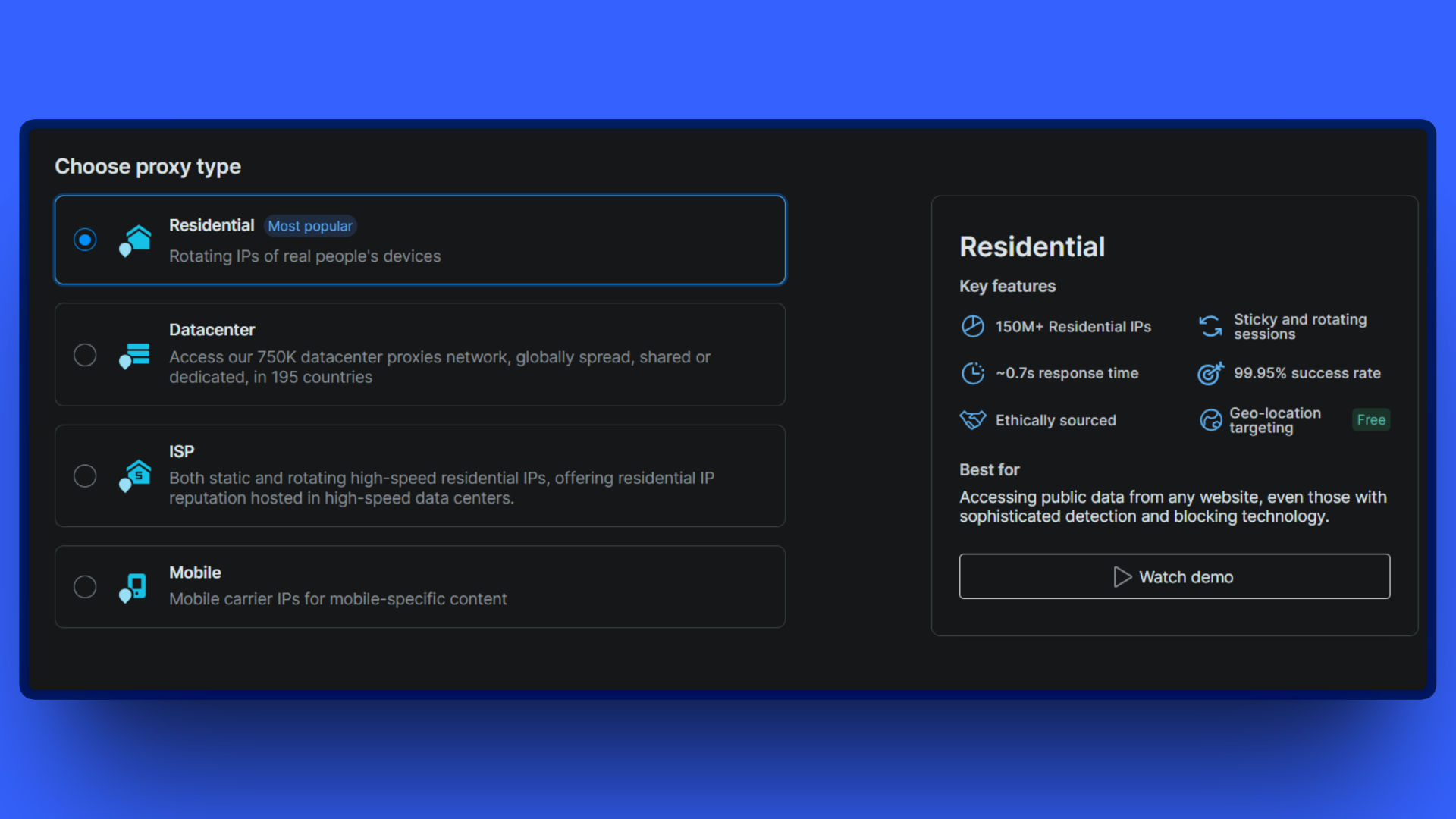 Bright Data 代理类型页面