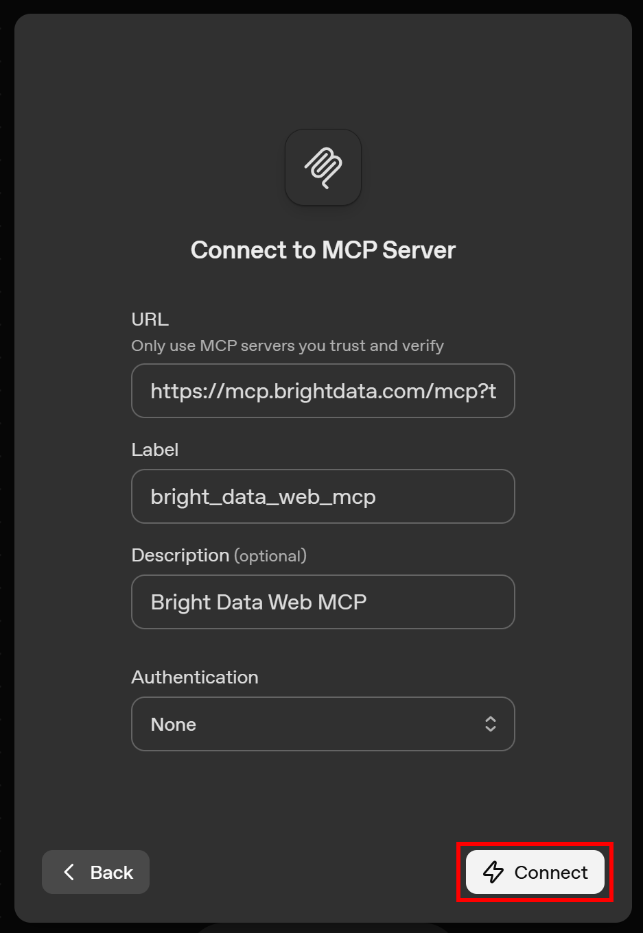 填写 “Connect to MCP Server” 表单