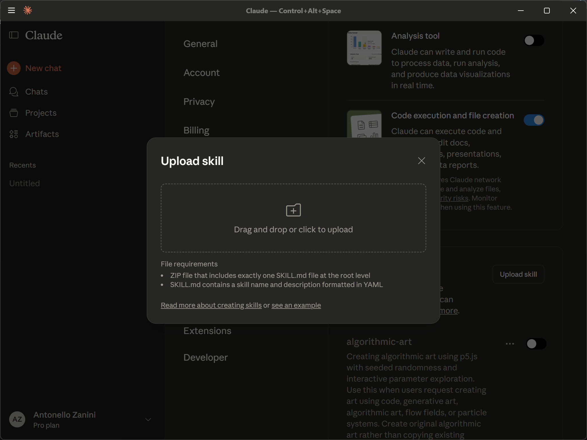 “Upload Skill” 弹窗