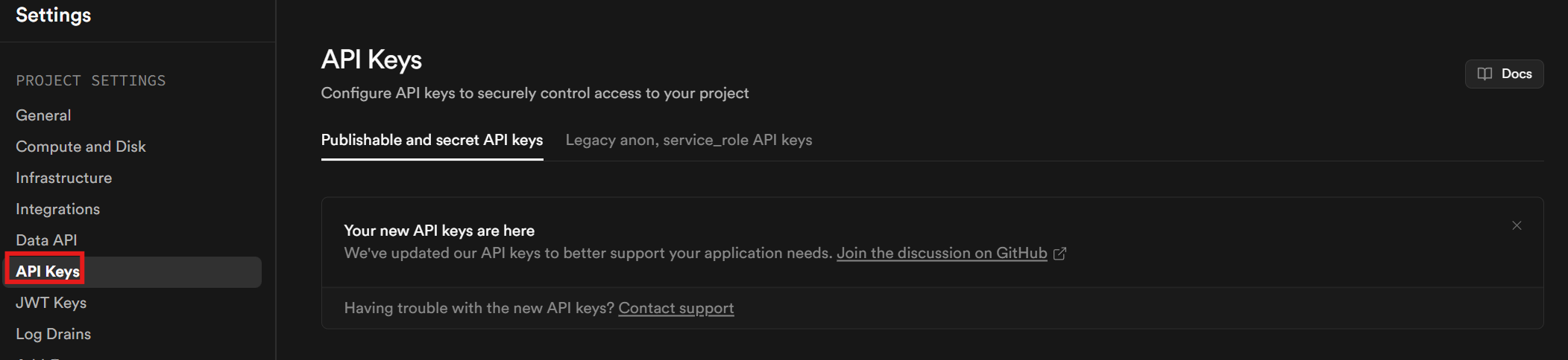 Supabase API keys 标签页