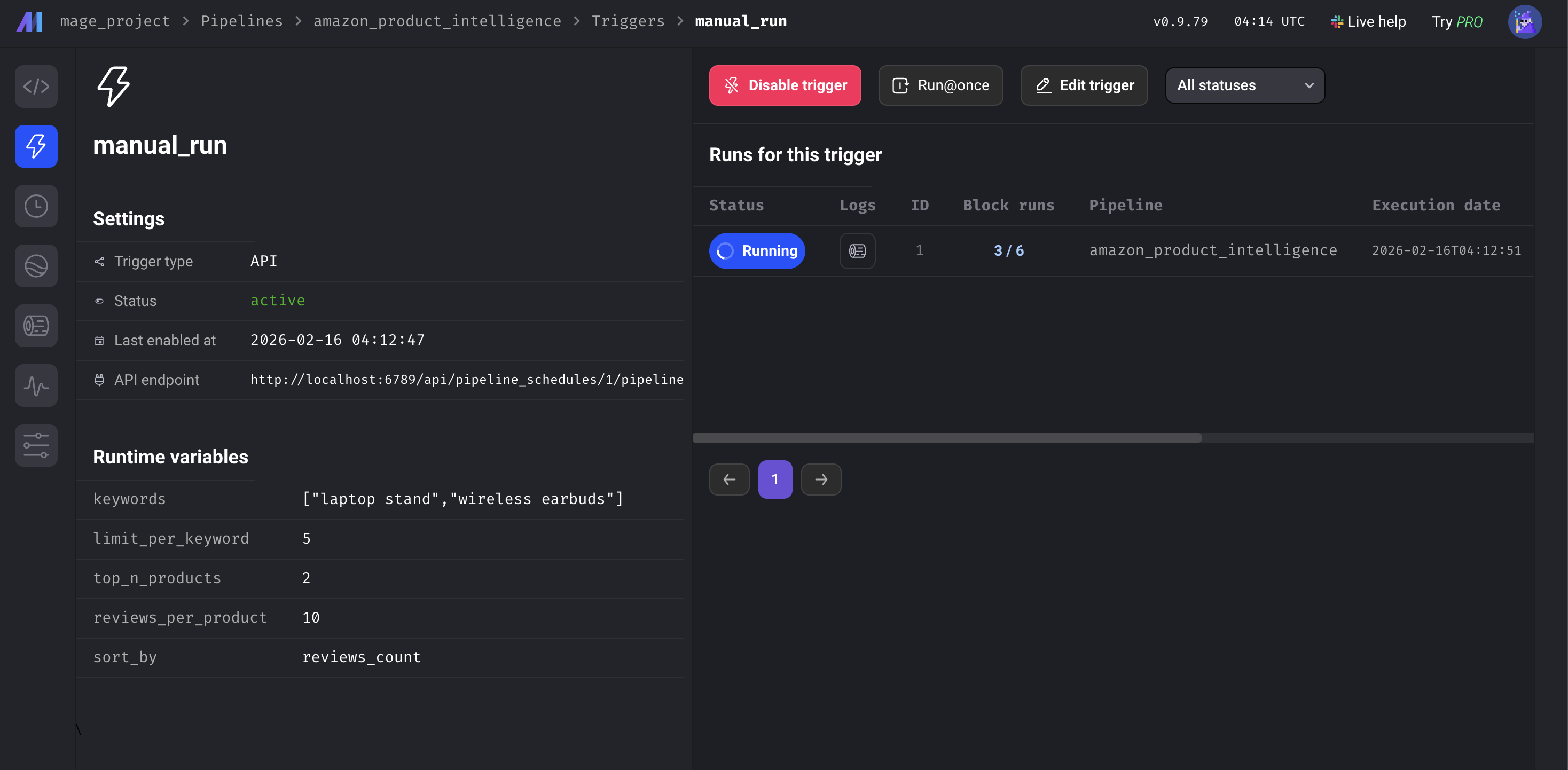 Mage AI UI 中可配置的流水线变量：Amazon 搜索关键词与限制