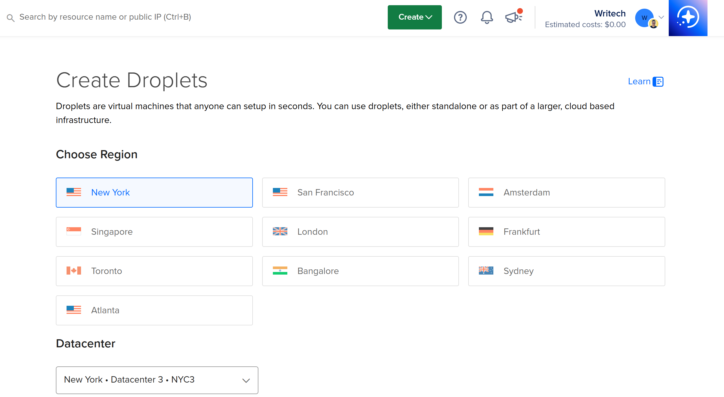 为 Droplet 选择区域
