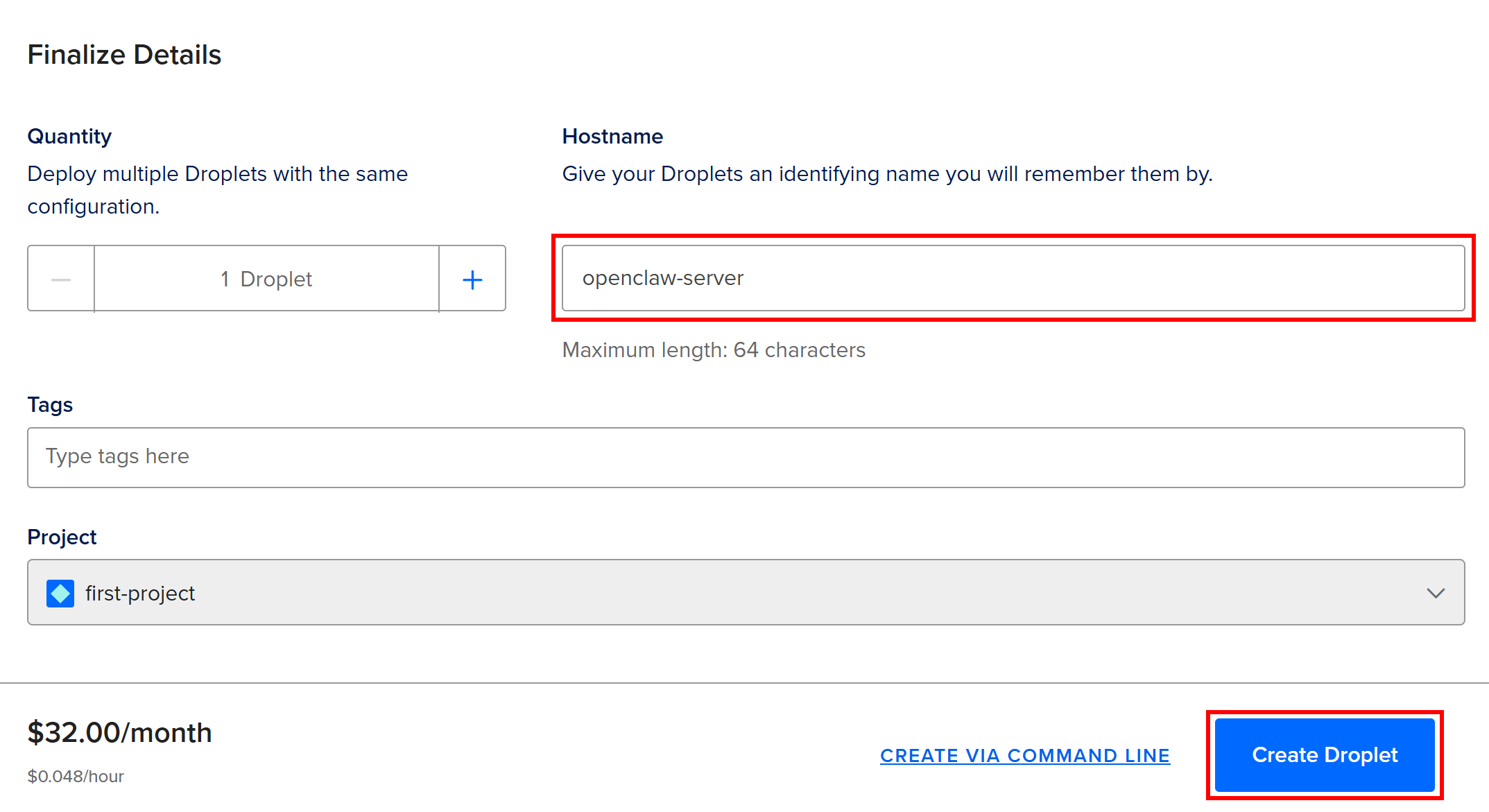 点击“Create Droplet”按钮