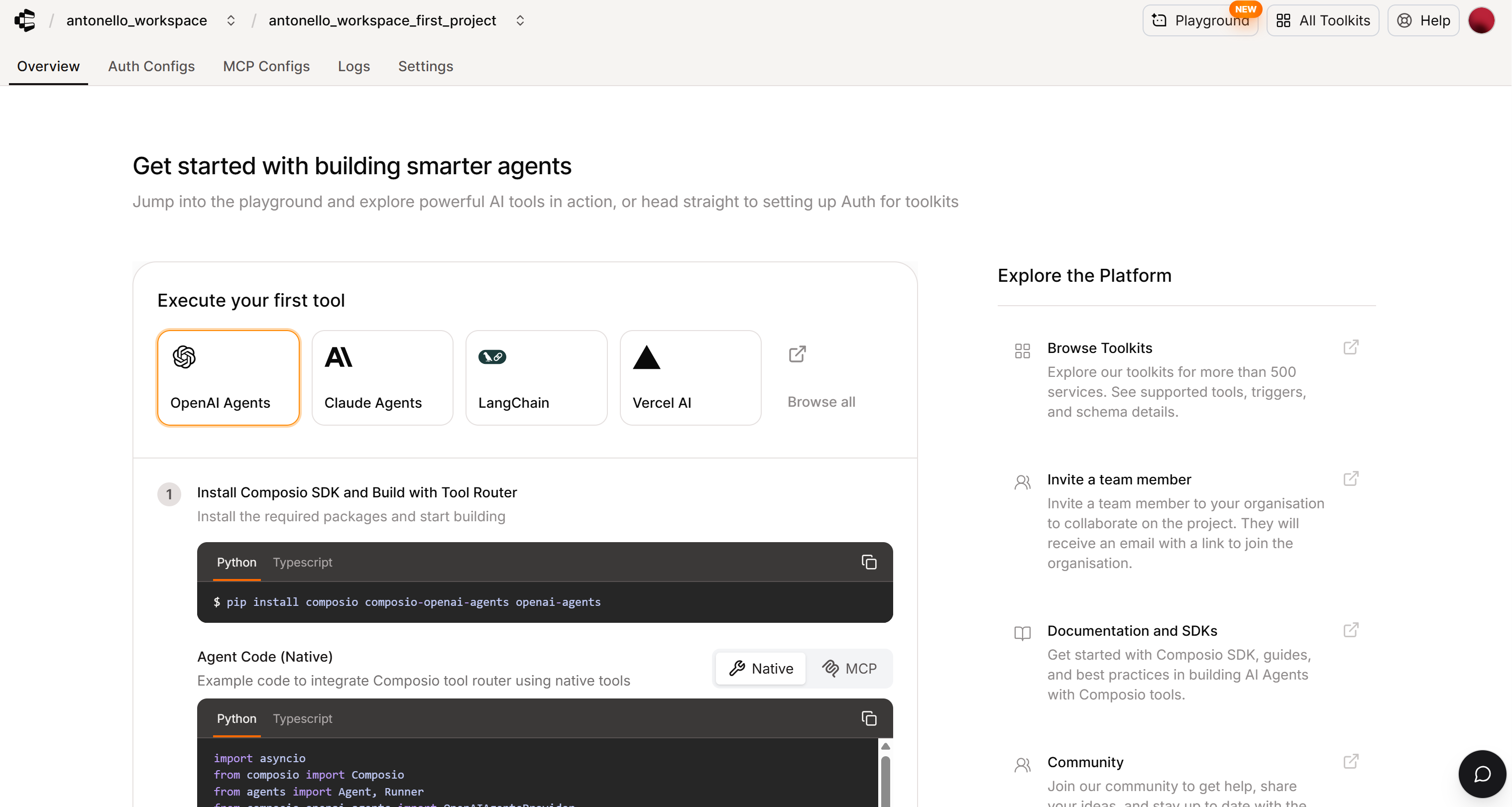 Composio 的 “Overview” 页面