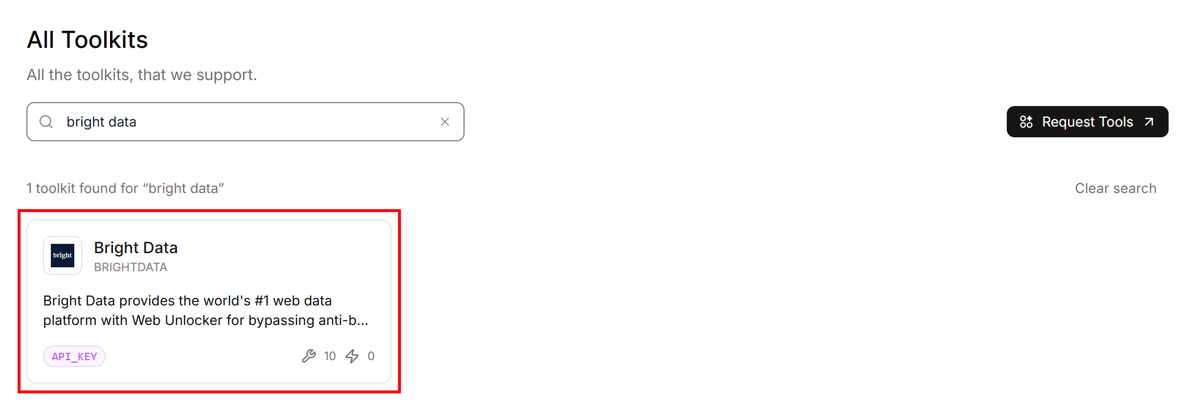 选择 “Bright Data” 工具包卡片