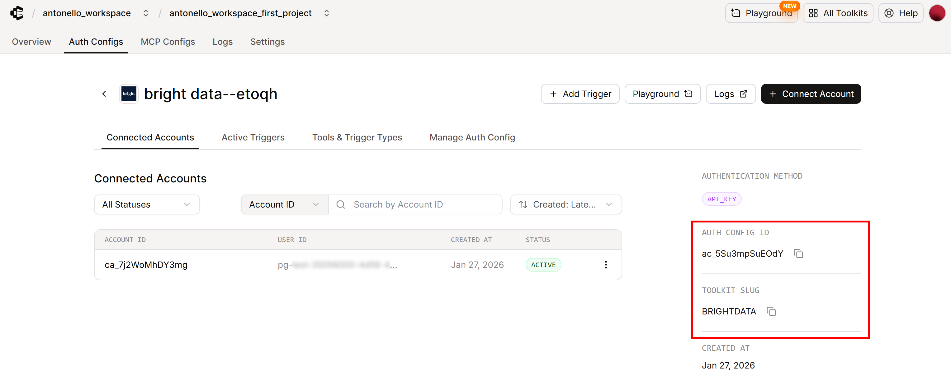 Auth Config ID 与工具包 slug
