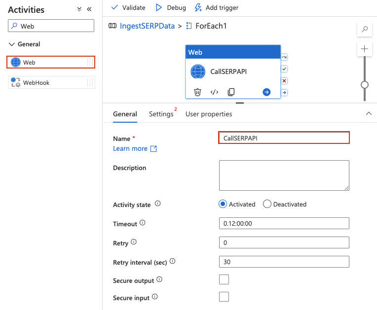 在 ForEach 中添加 Web 活动