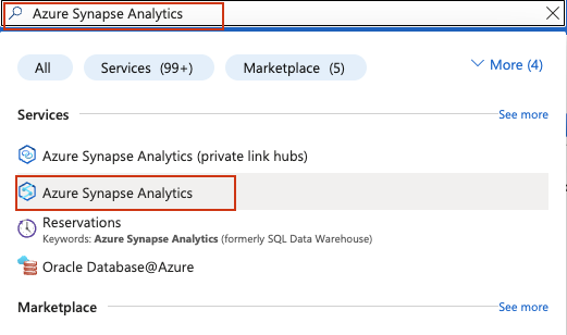在 Azure 门户中搜索 Azure Synapse Analytics