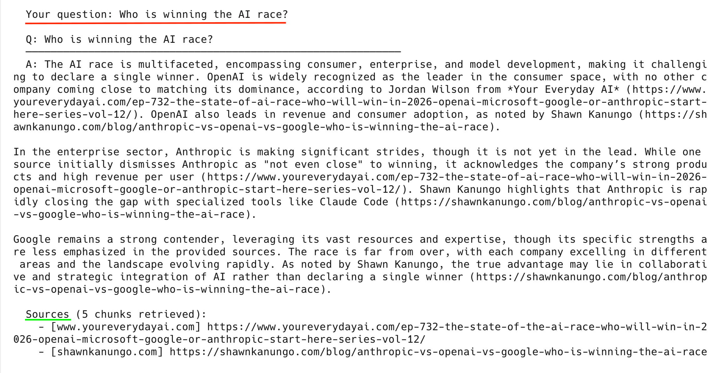 交互模式：询问“谁在赢得 AI 竞赛？”并获得跨来源的带引用答案