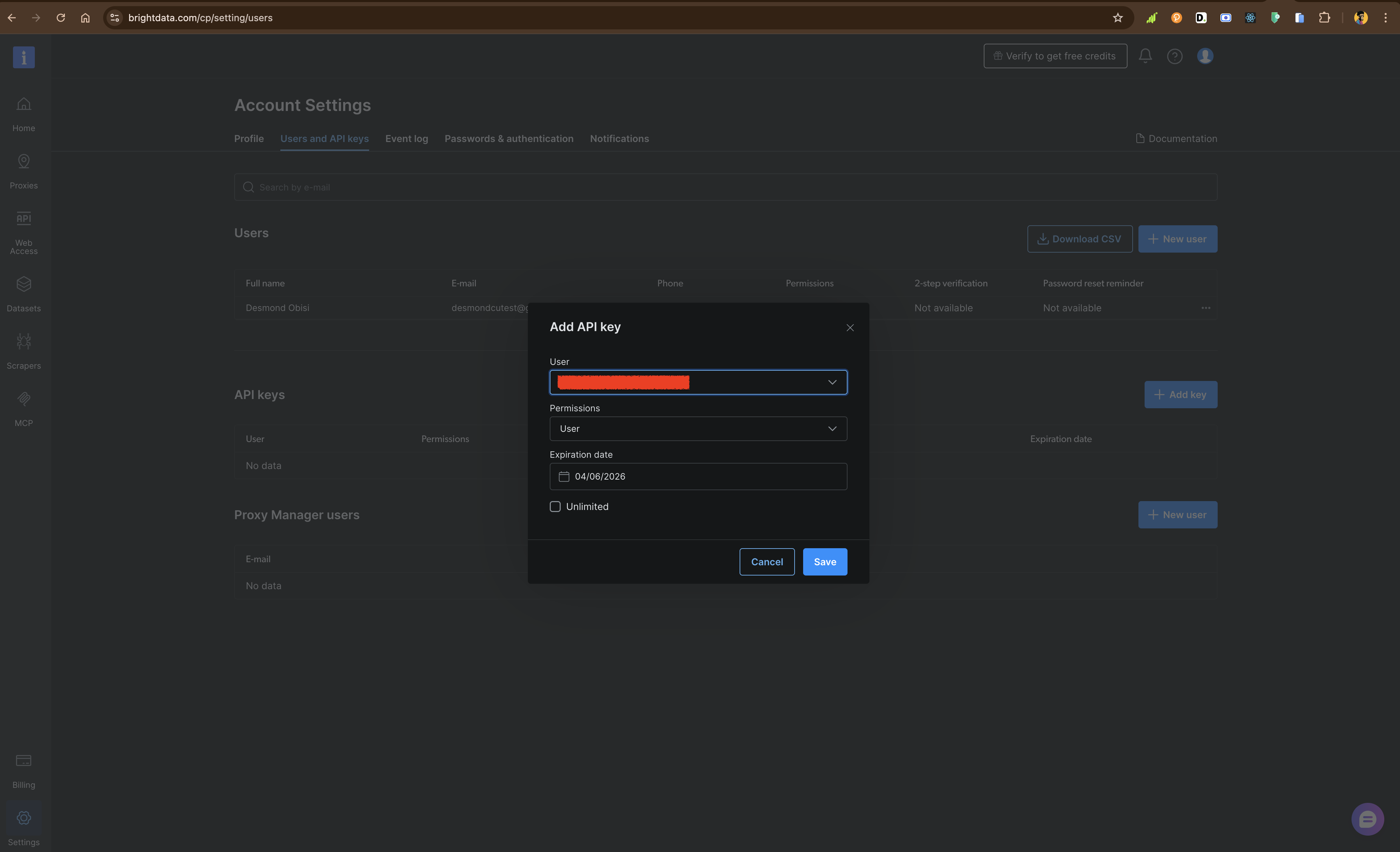 Brightdata 添加 API Key 弹窗