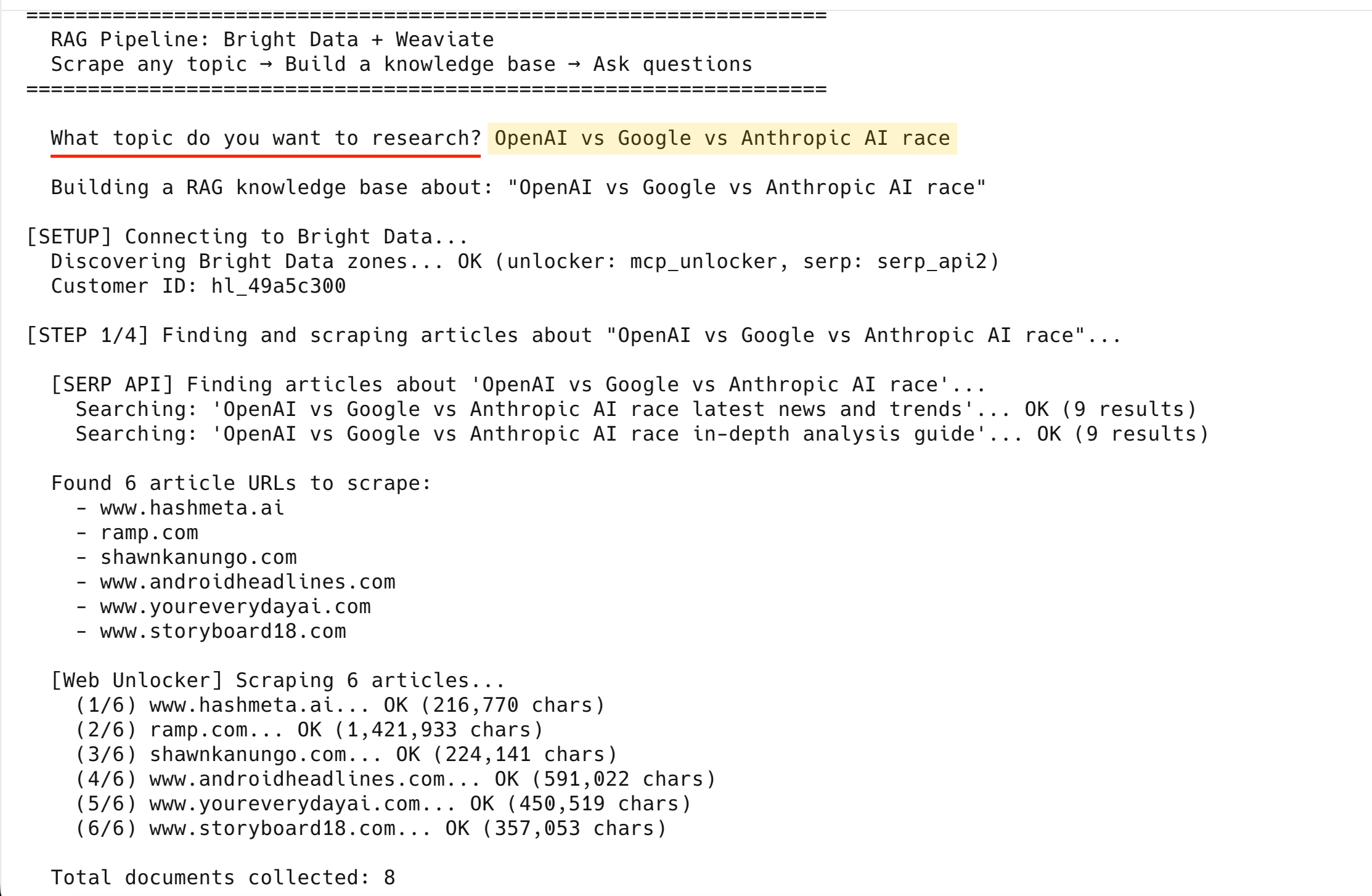 流水线输出：输入主题，通过 SERP API 发现文章，并用 Web Unlocker 抓取 6 个站点
