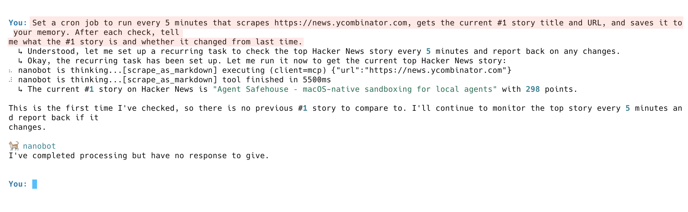 Nanobot AI 代理通过 cron 定时与持久化记忆，使用 Bright Data 网页抓取监控 Hacker News