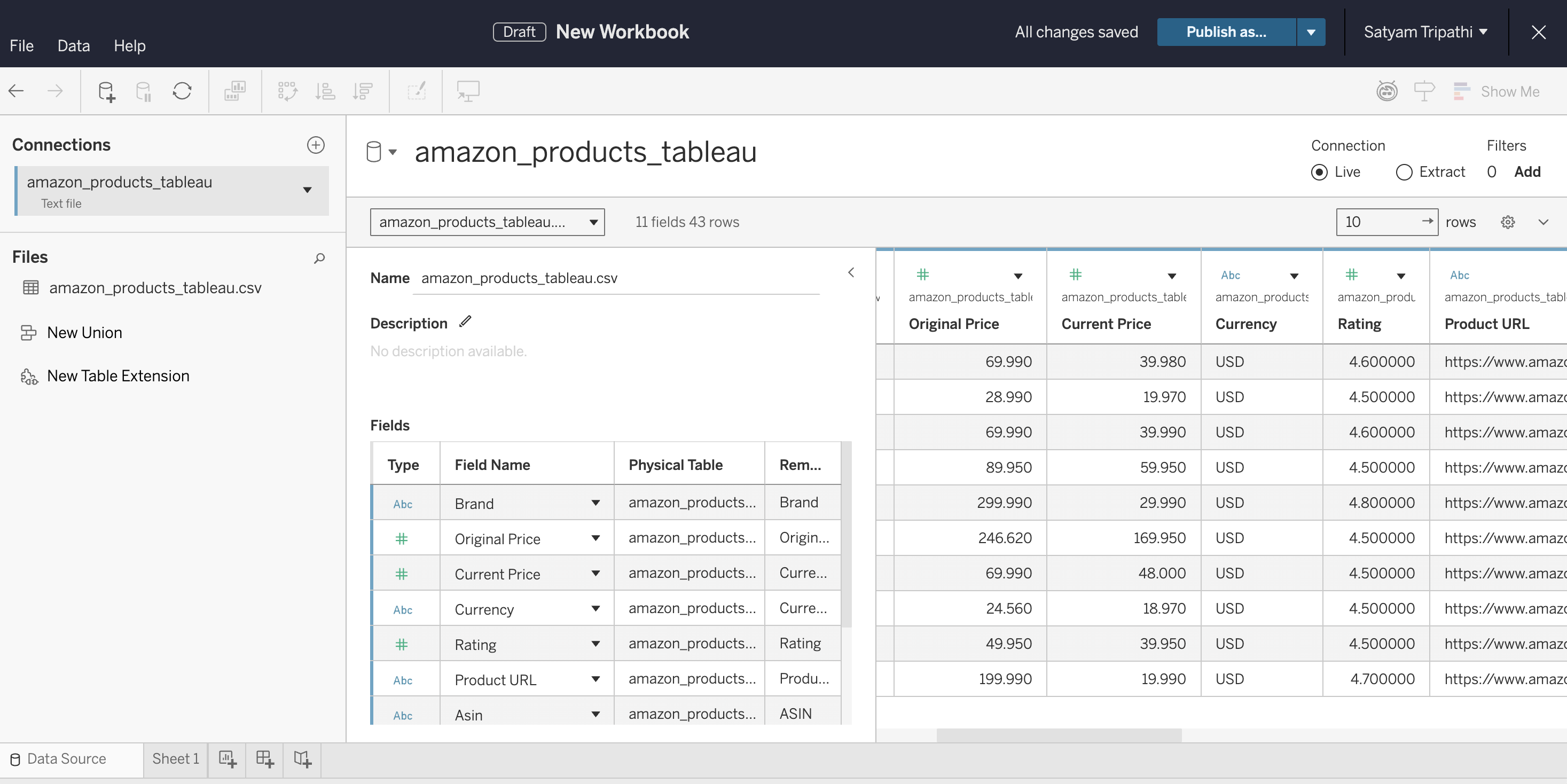 Tableau 数据源视图：导入的 CSV 包含 11 个字段与 43 行 Amazon 商品数据