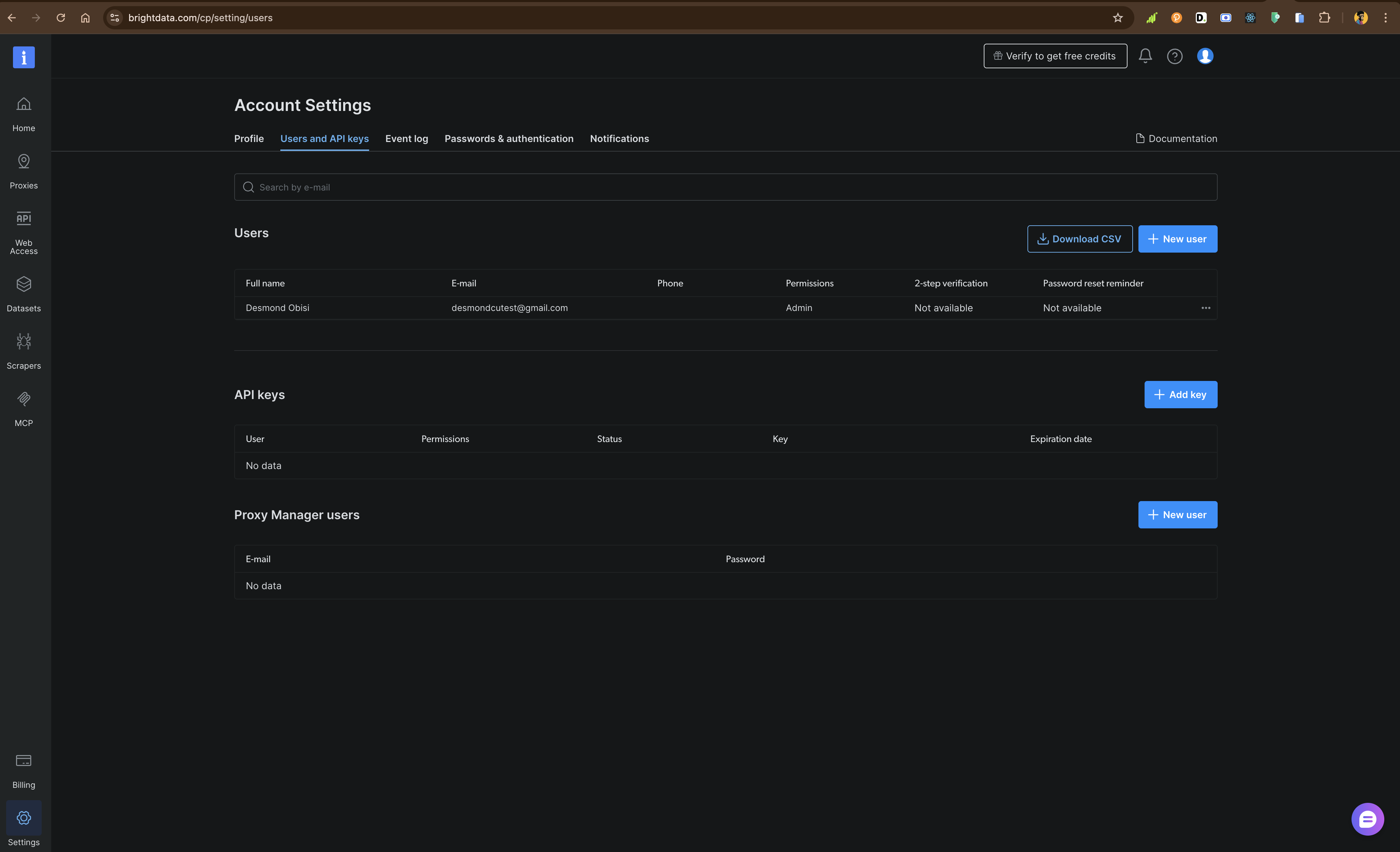Brightdata 账户设置页面