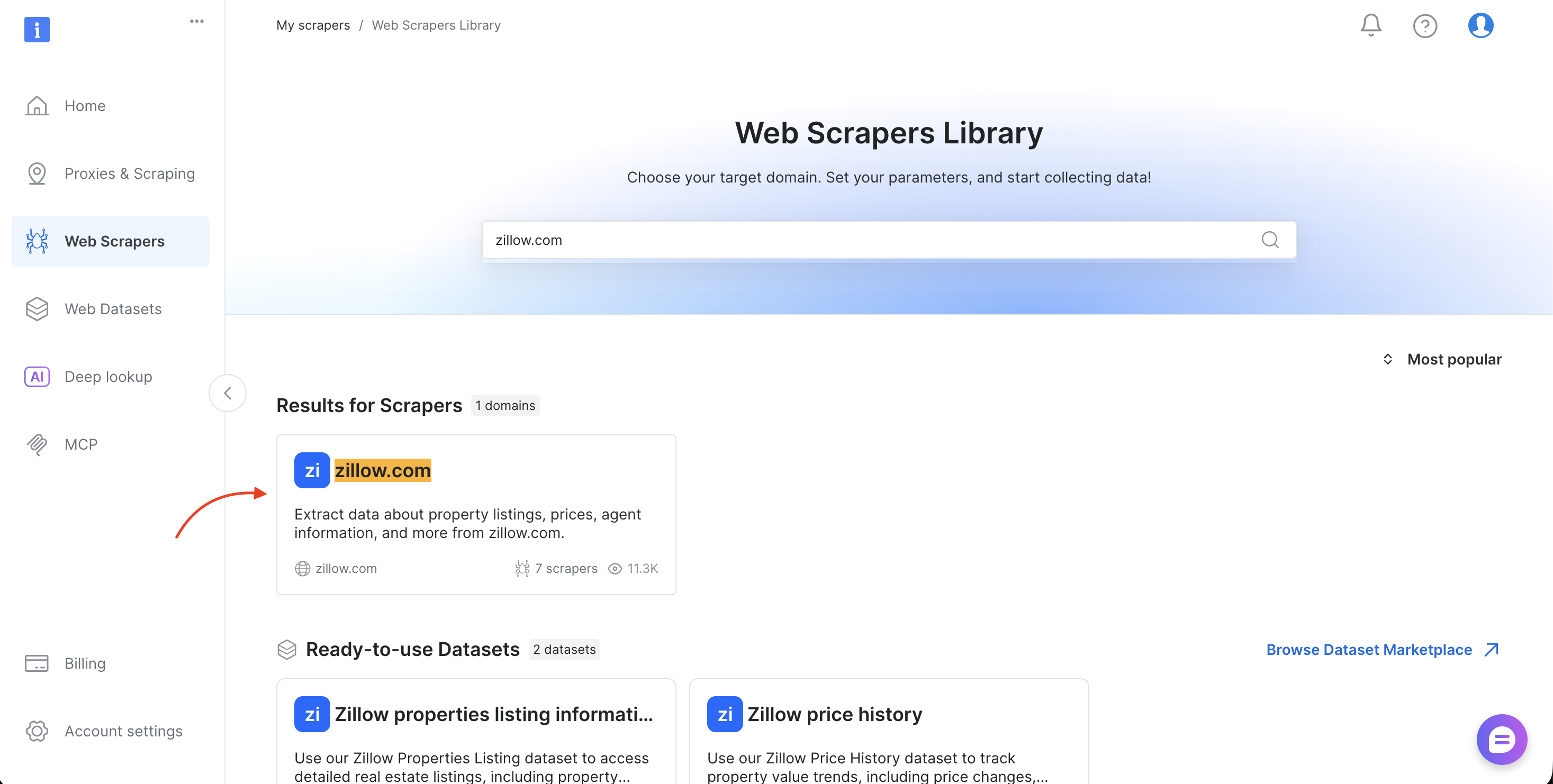 Bright Data Web Scrapers Library：筛选 zillow.com 后展示抓取器与数据集结果
