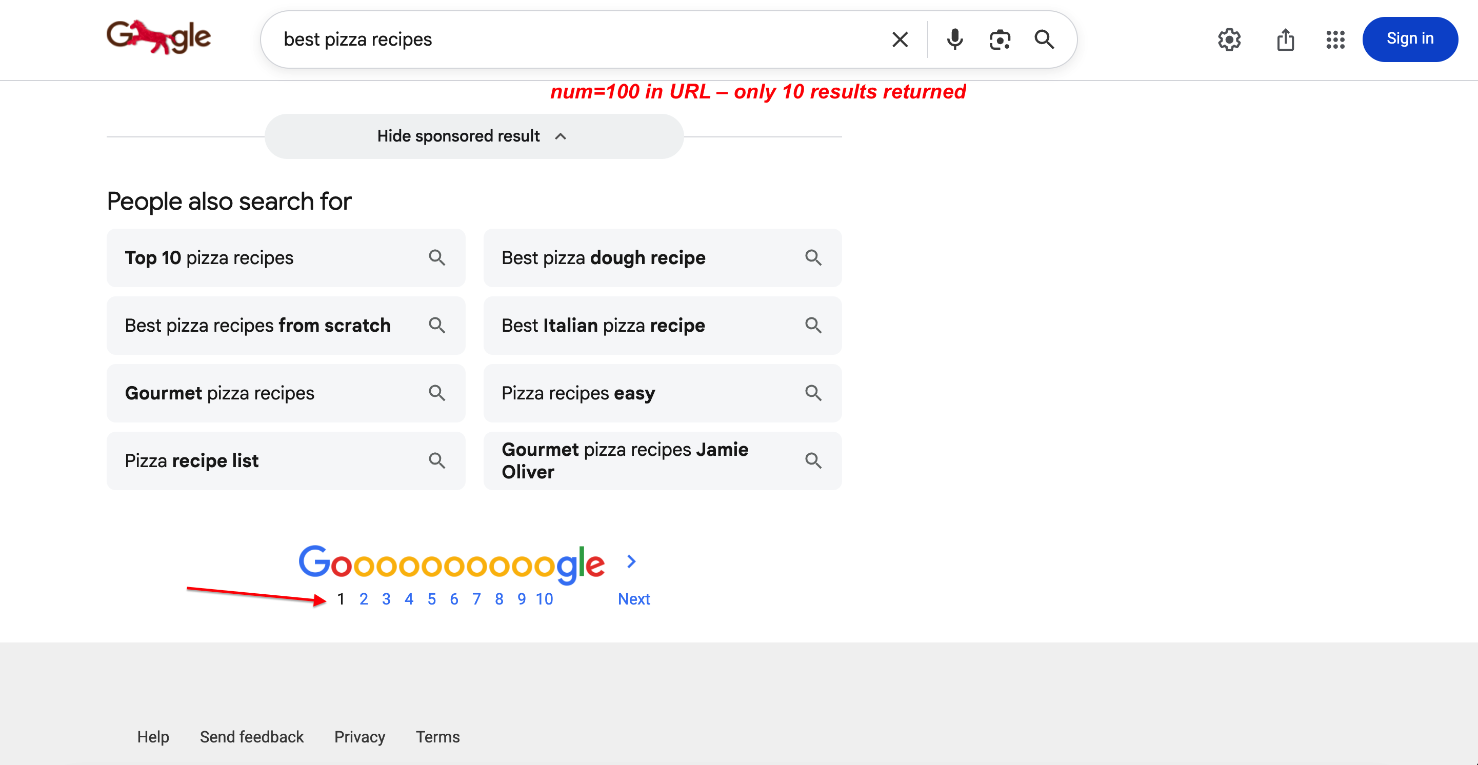 Google 搜索 URL 中包含 num=100 仍显示分页，证明实际只返回 10 条结果