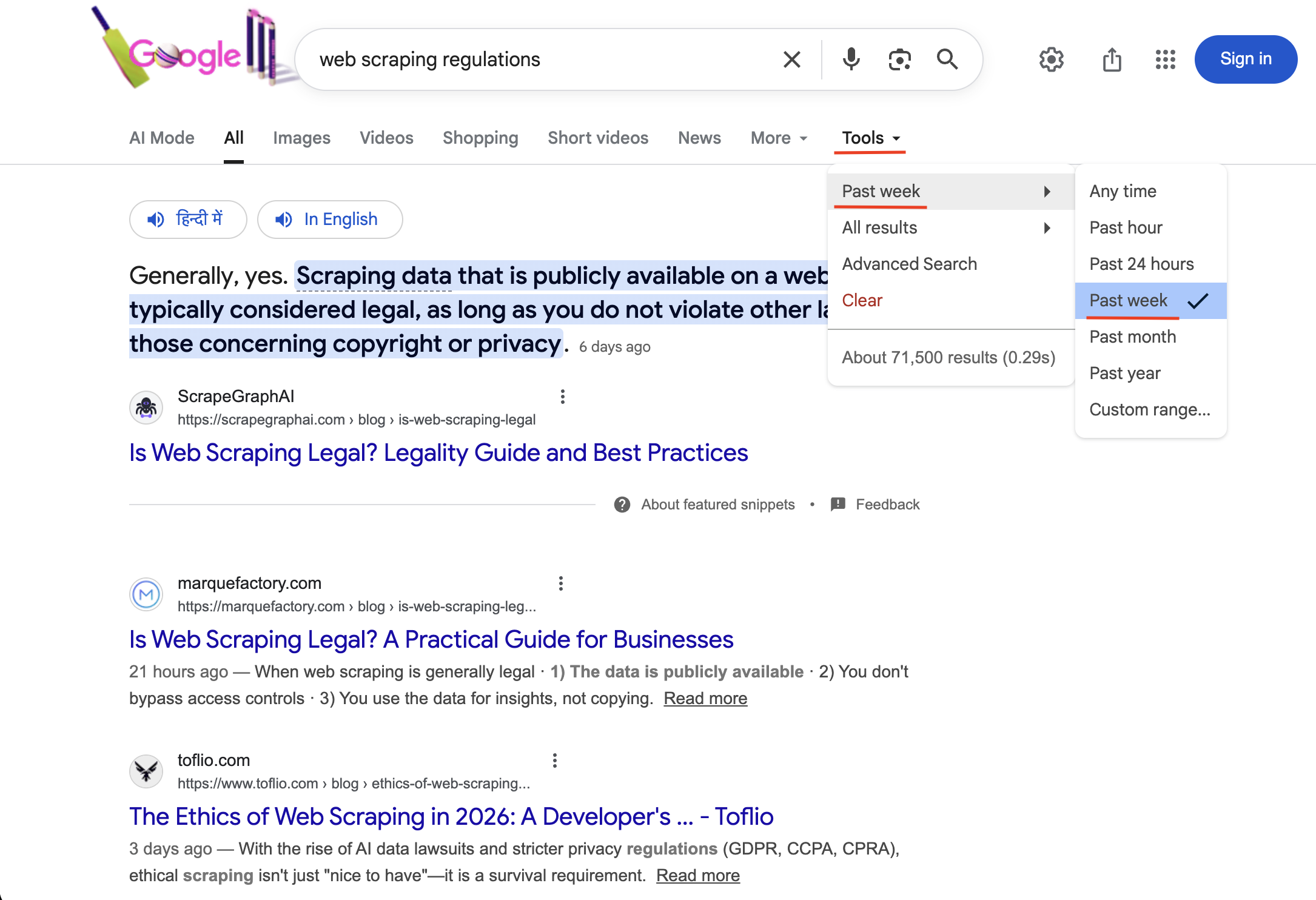Google 搜索“web scraping regulations”，打开 Tools 下拉框并勾选“Past week”，确认 tbs=qdr:w 生效