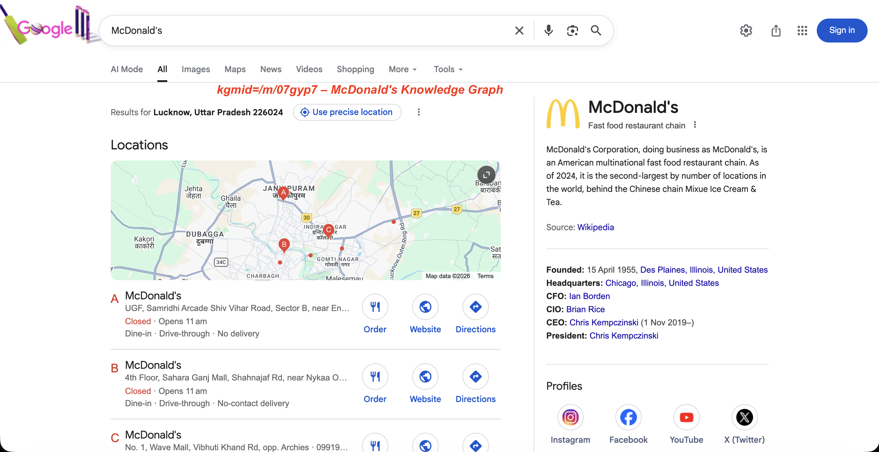 通过 kgmid=/m/07gyp7 触发的 McDonald's Google 知识图谱面板，显示实体信息、成立日期、CEO 与社交账号