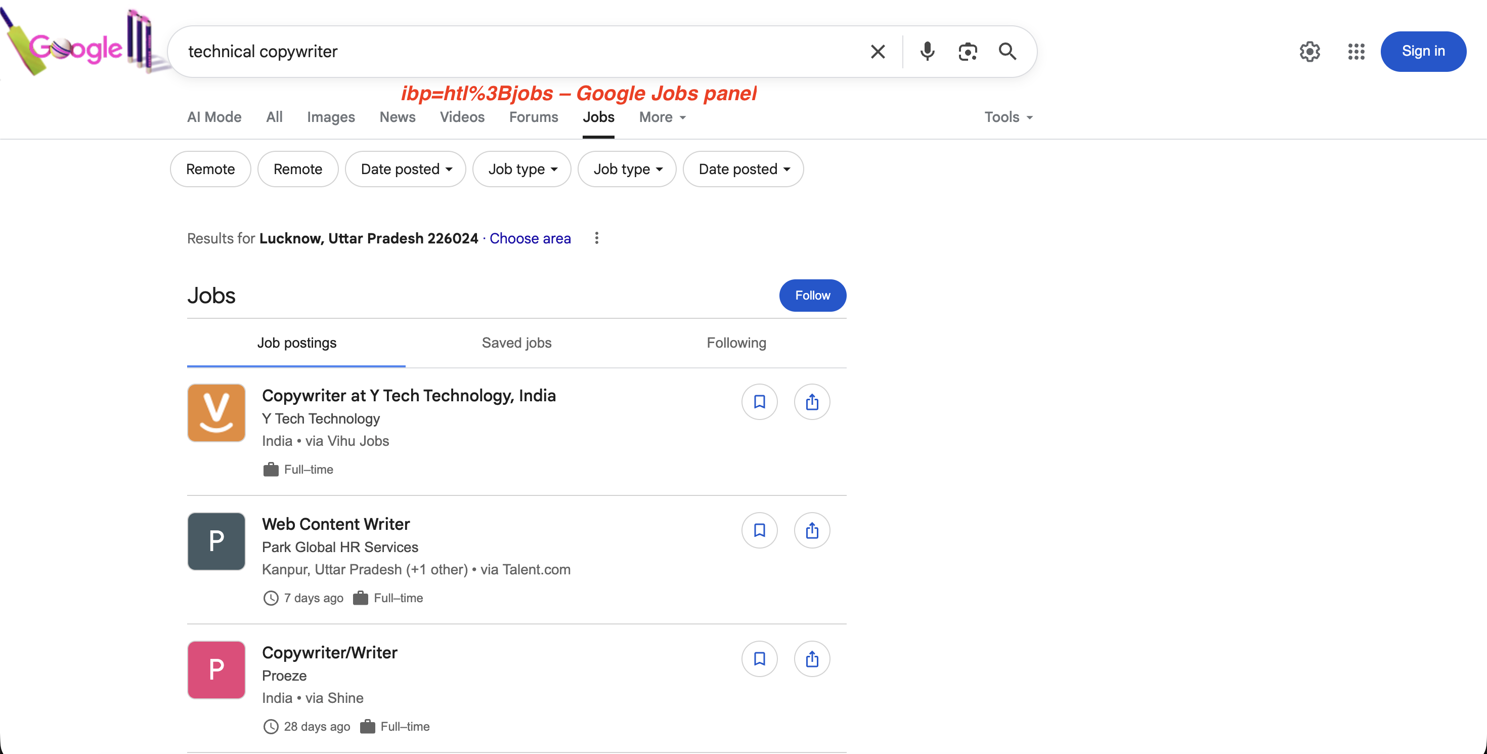 由 ibp=htl%3Bjobs 触发的 Google Jobs 面板，显示职位列表以及 Remote、Date posted、Job type 等筛选项