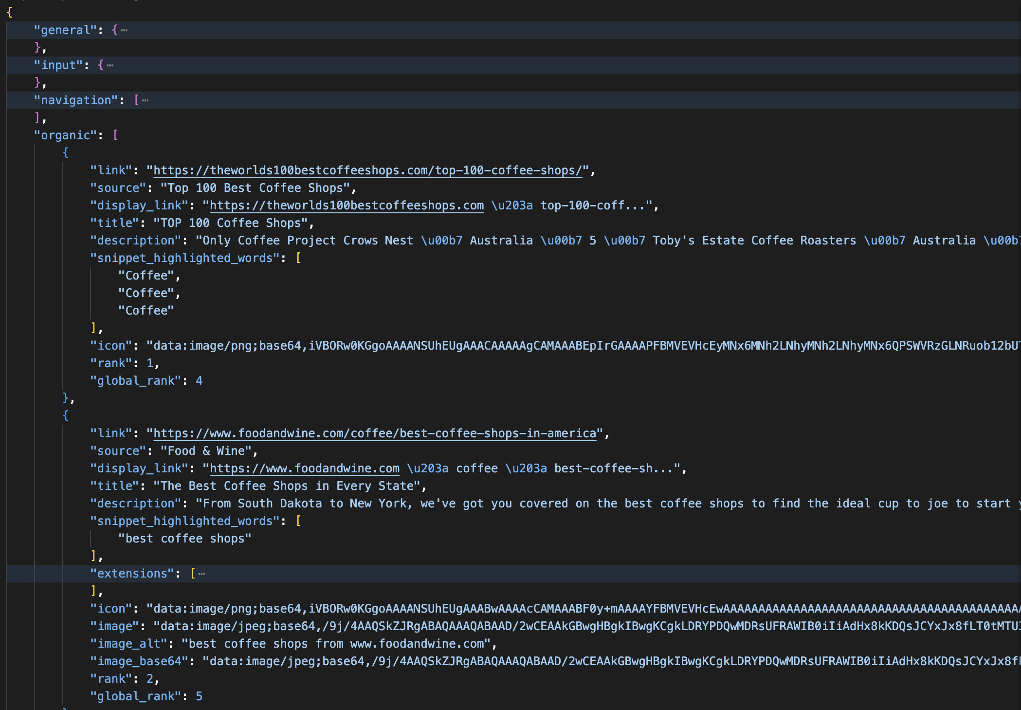对“best coffee shops”的 Bright Data SERP API JSON 响应，展示解析后的自然结果：title、link、rank、description、global_rank 等字段