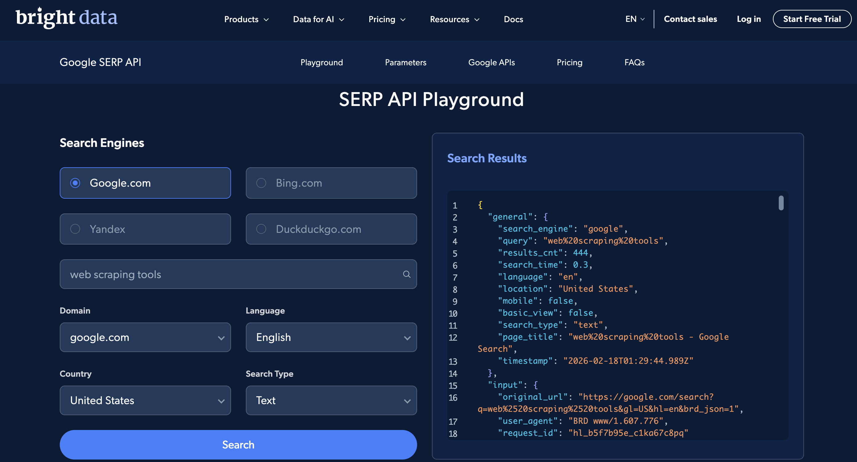 Bright Data SERP API Playground：在 Google.com 上搜索“web scraping tools”，并显示结构化 JSON 结果