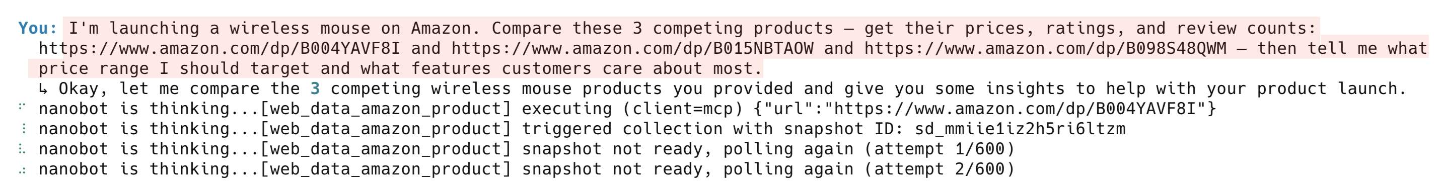 Nanobot AI 代理三次调用 Bright Data Amazon 商品 API 进行竞品价格分析