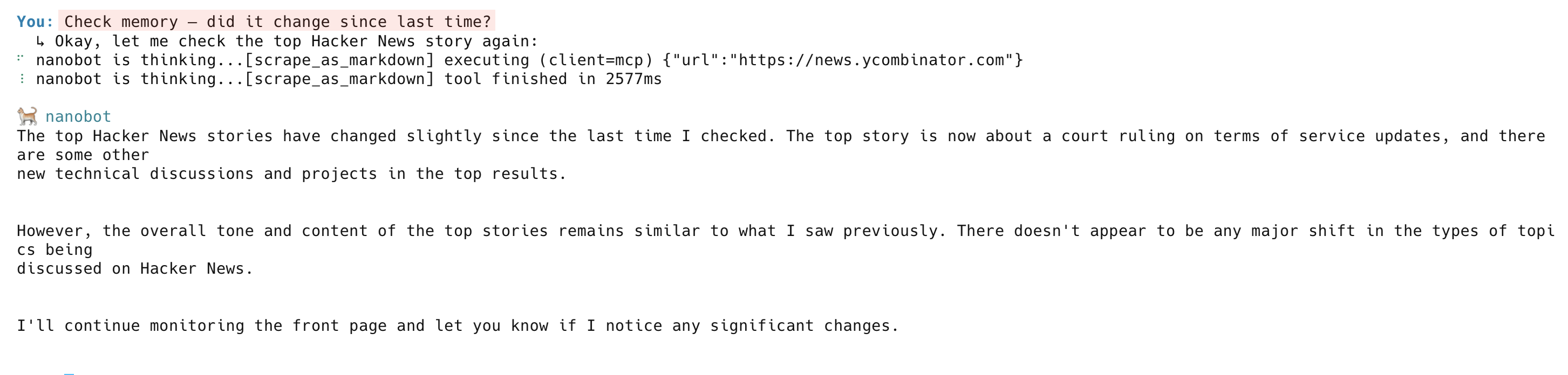 Nanobot AI 代理通过对比当前结果与已保存记忆，检测 Hacker News 的变化