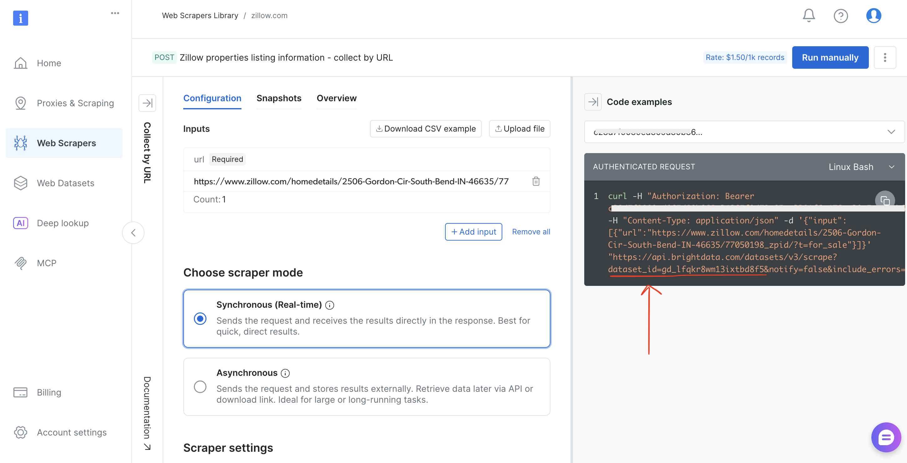 Zillow 抓取器配置页：在 Code examples 的 curl 命令中显示 dataset_id
