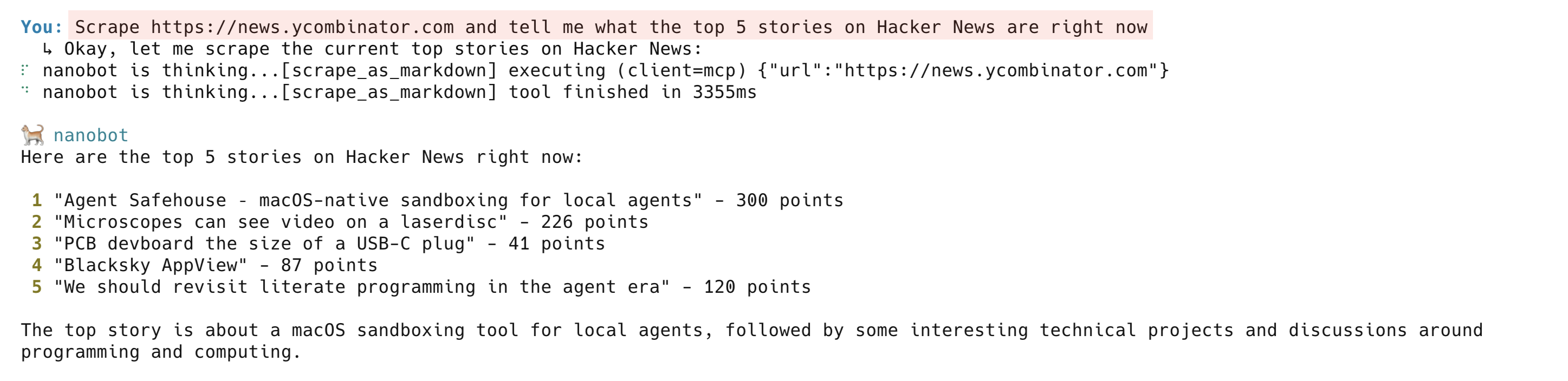 Nanobot AI 代理使用 Bright Data Web Unlocker 实时爬虫抓取 Hacker News