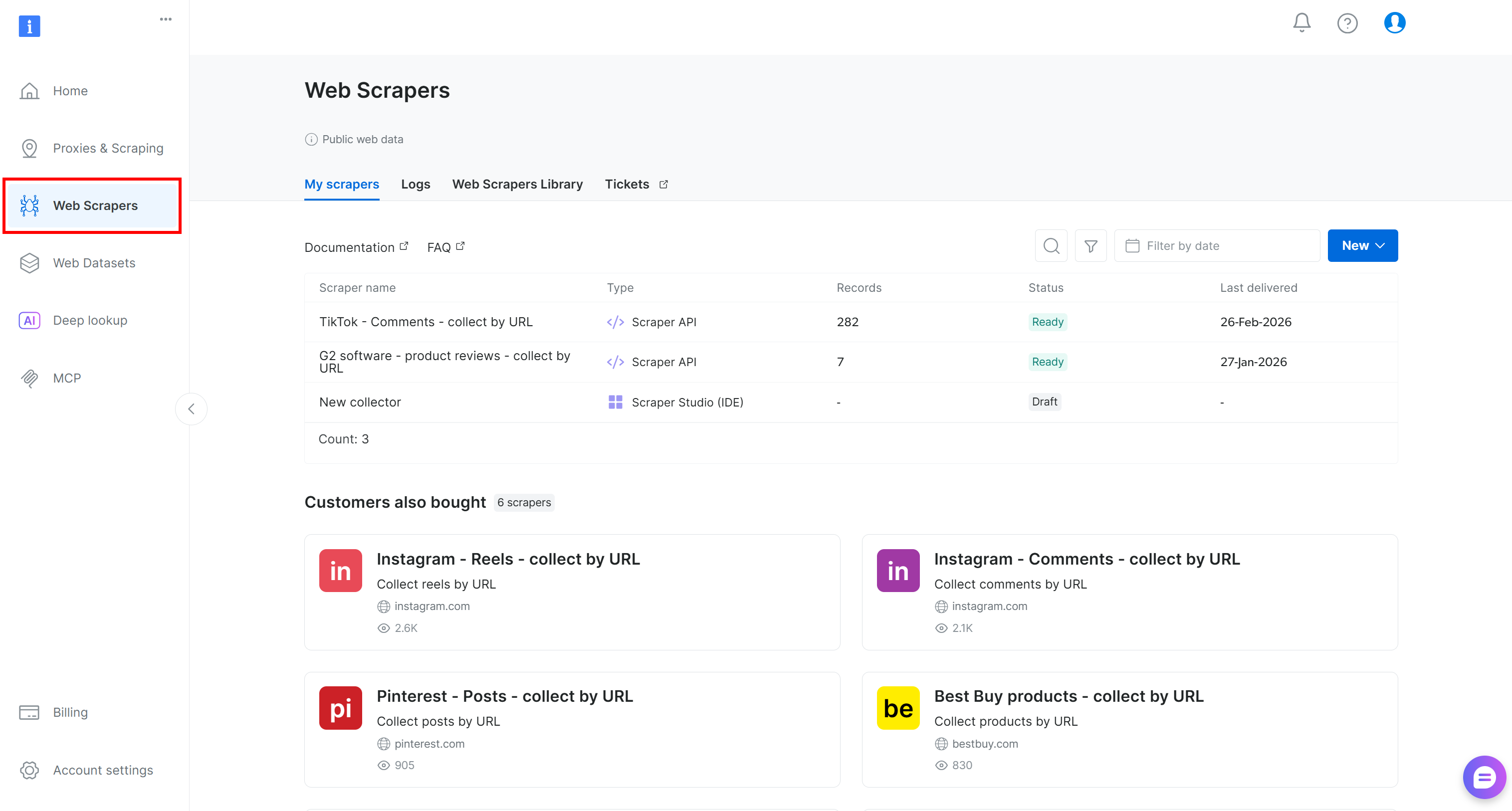 进入“Web Scrapers”页面