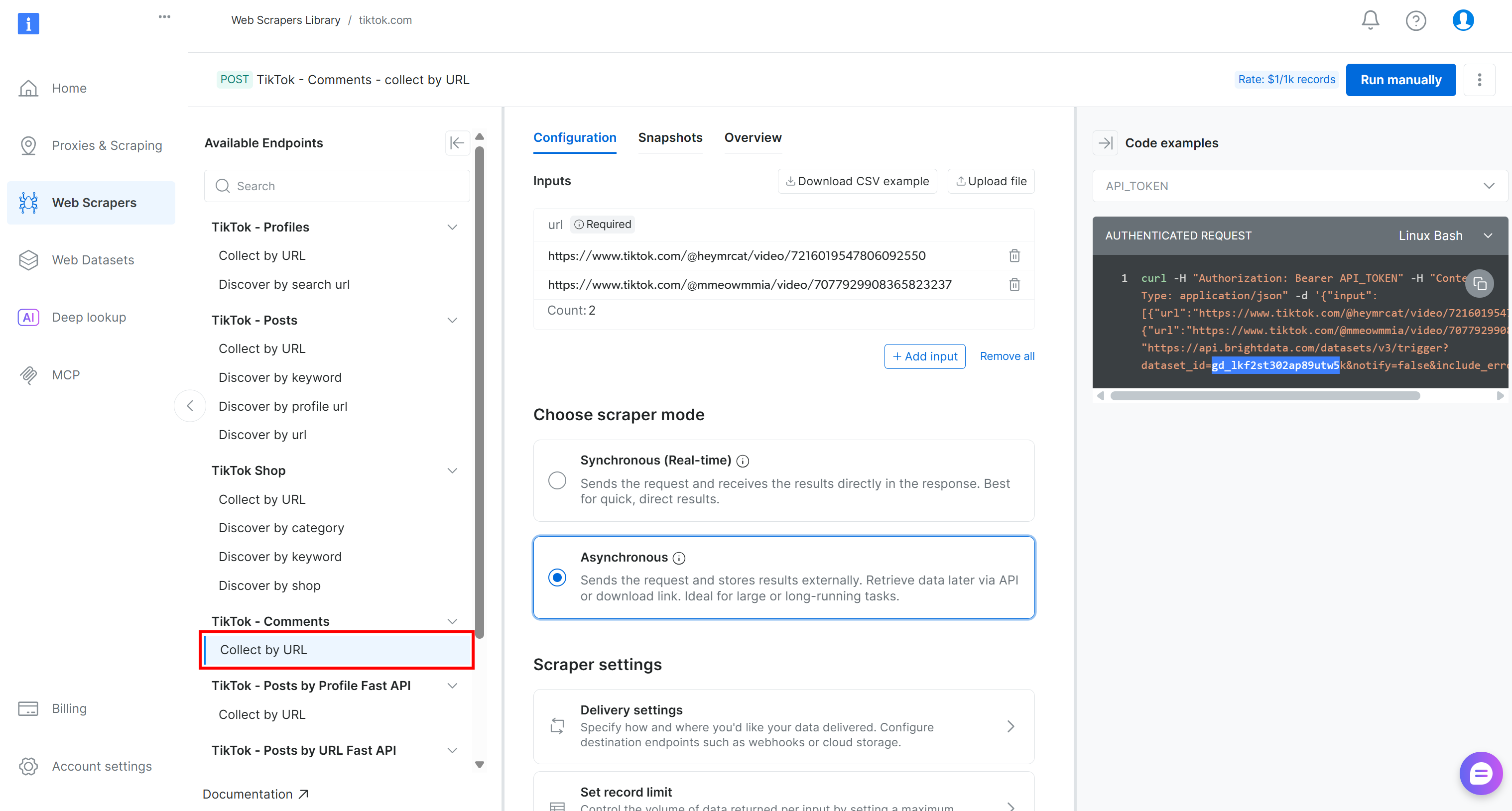 “TikTok – Comments → Collect by URL”采集器