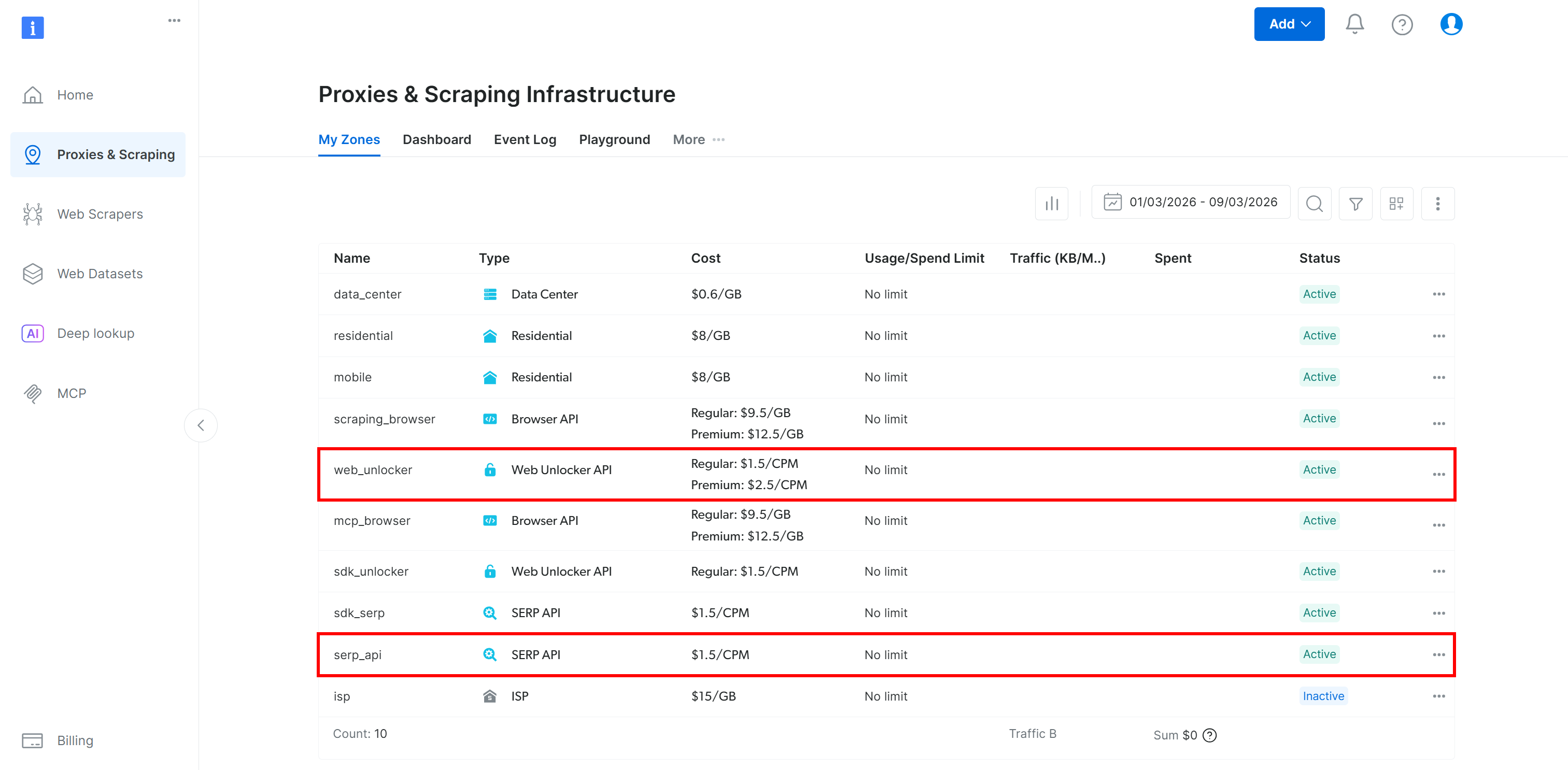 请注意 “web_unlocker” 与 “serp_api” 区域(zones)