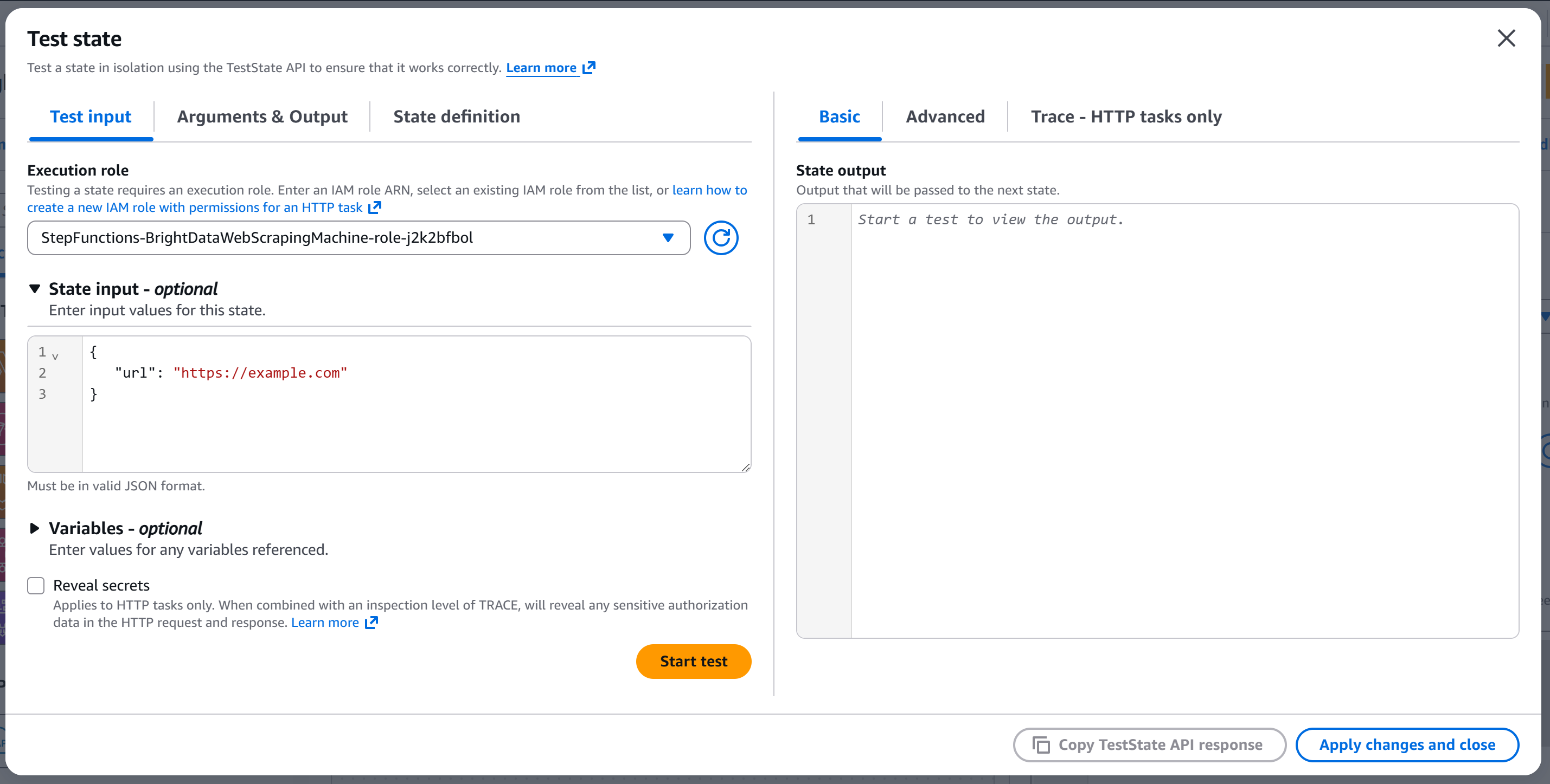 “Test state” 弹窗