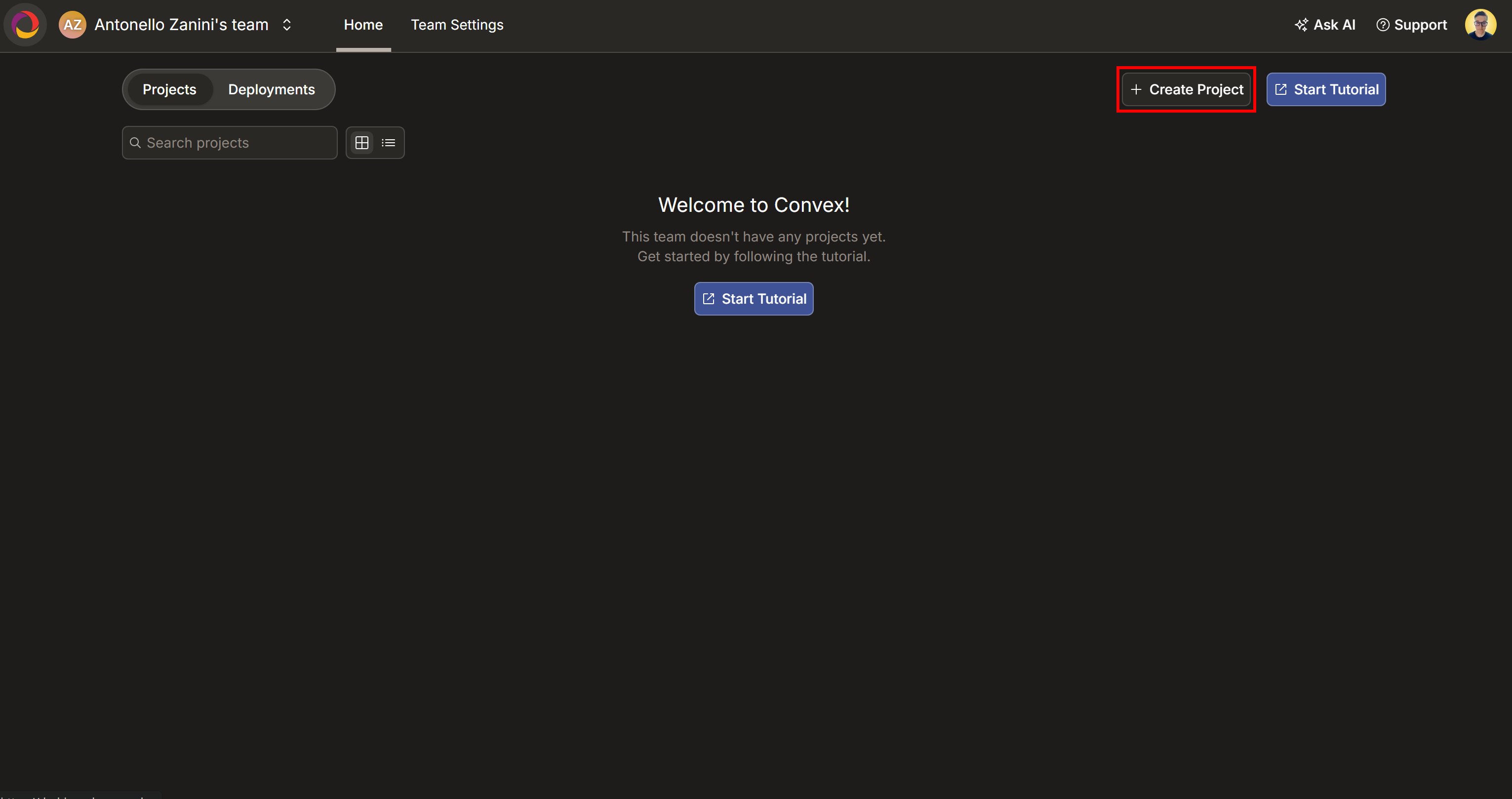 在 Convex 控制台点击 “Create Project” 按钮