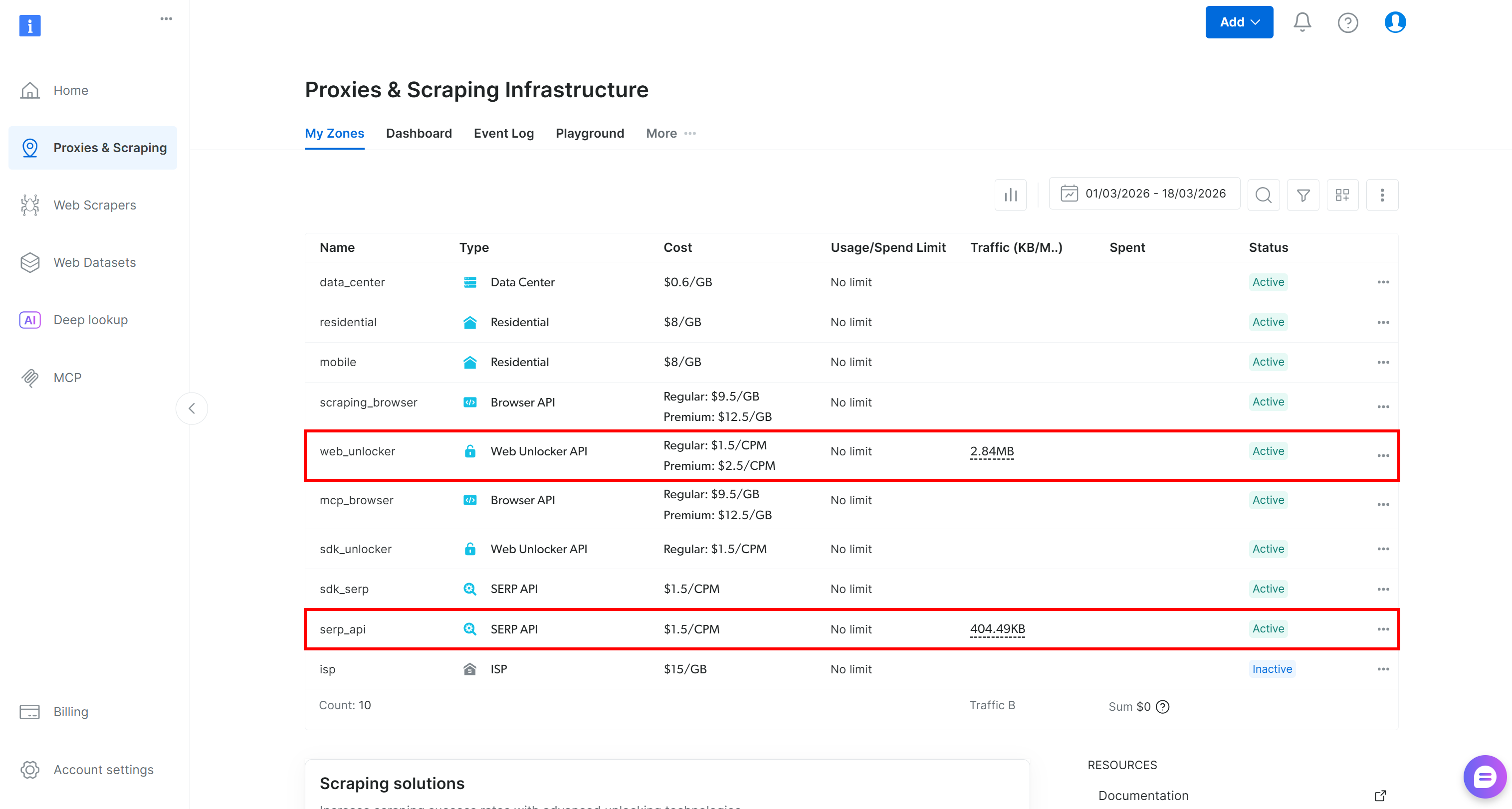 注意表格中的 “web_unlocker” 与 “serp_api” 行