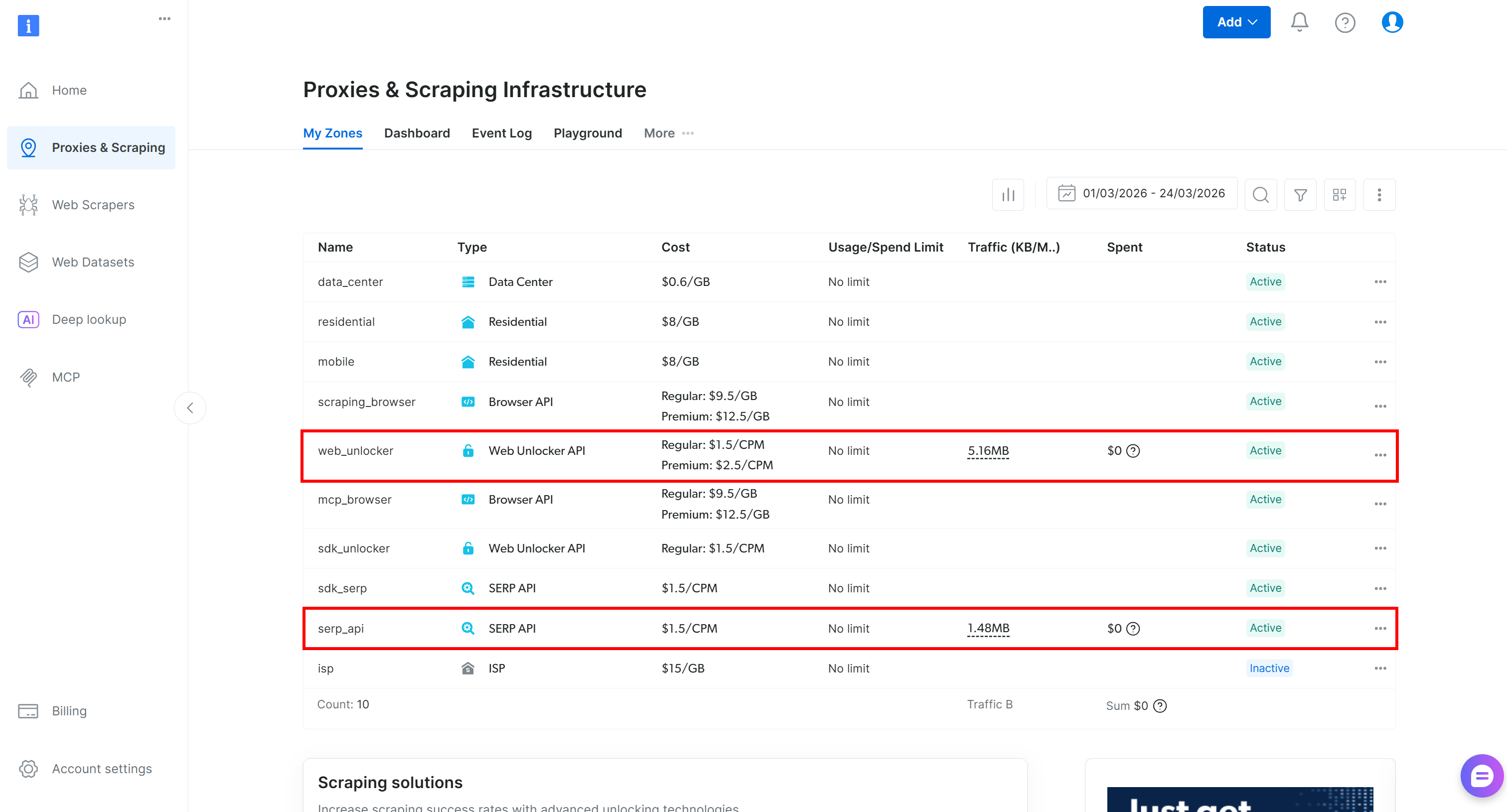 注意“web_unlocker” Web Unlocker API zone 与“serp_api” SERP API zone