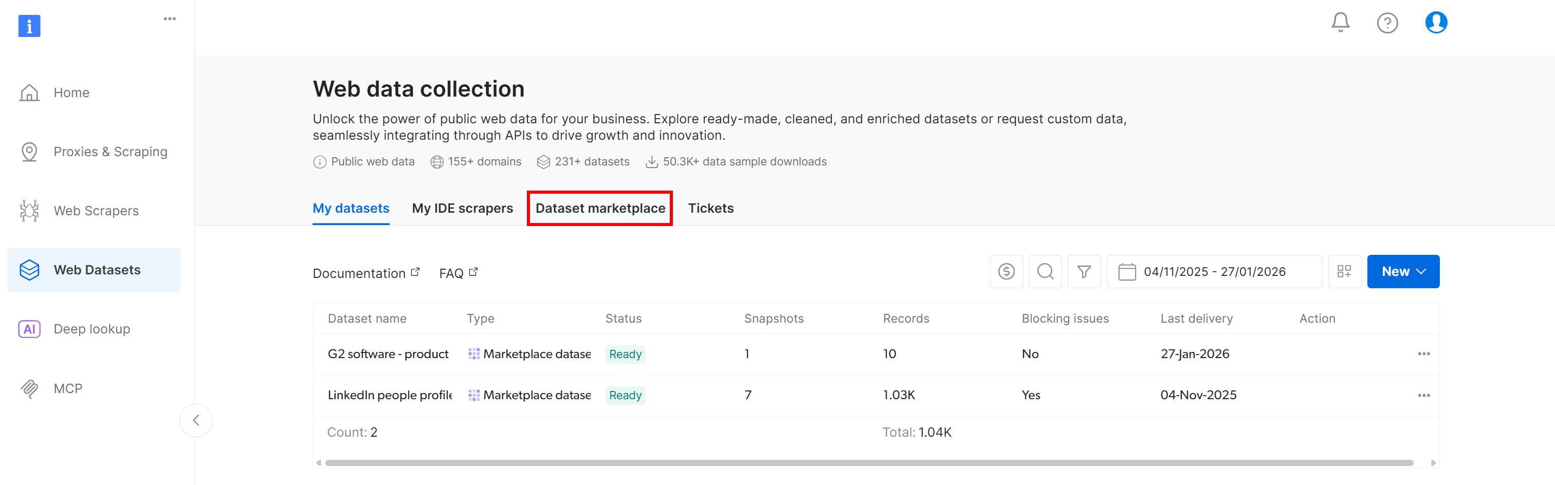 选择“Dataset marketplace”标签页