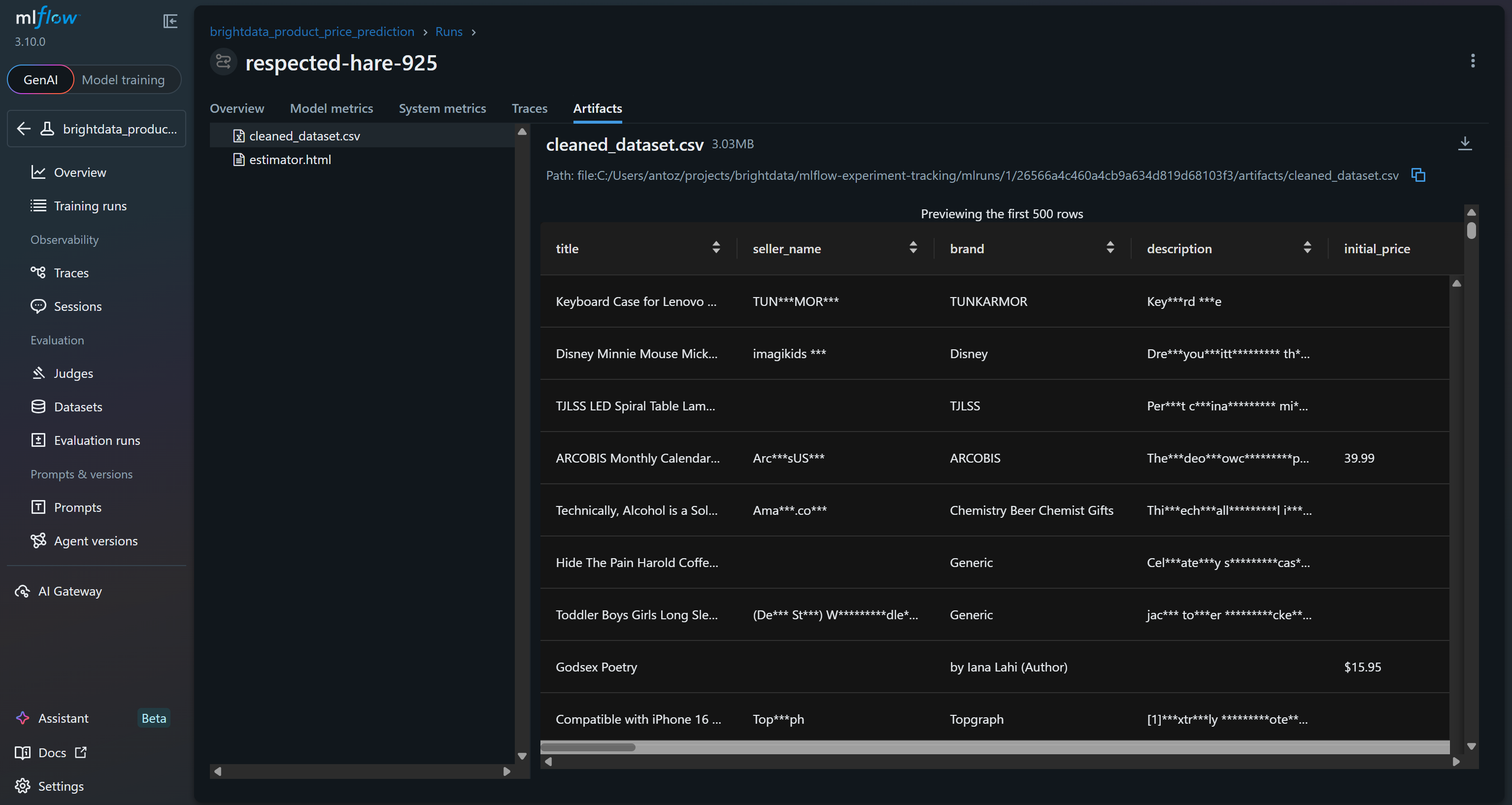 查看记录的 cleaned_dataset.csv 工件（artifact）