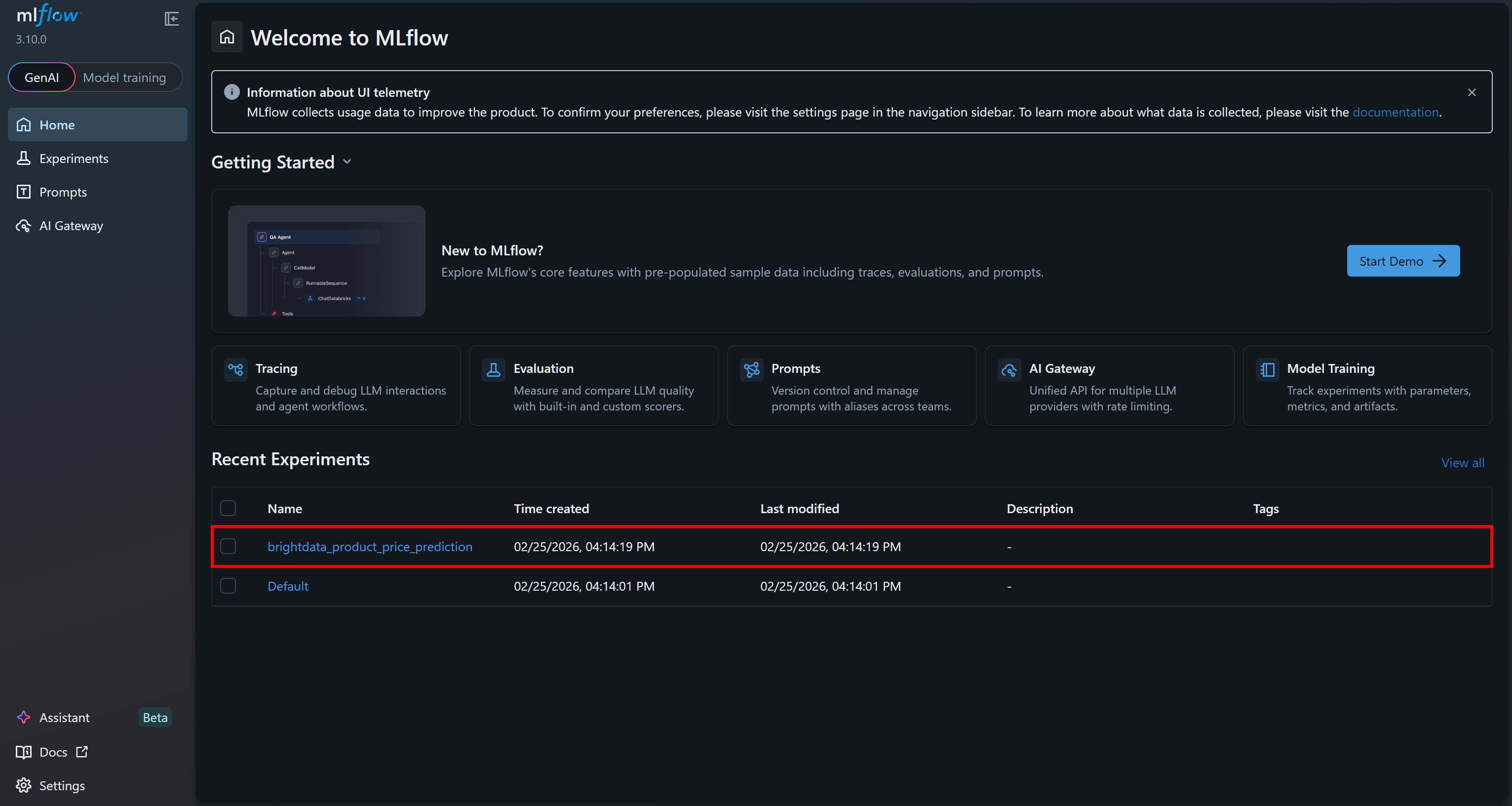 选择“brightdata_product_price_prediction experiment”实验