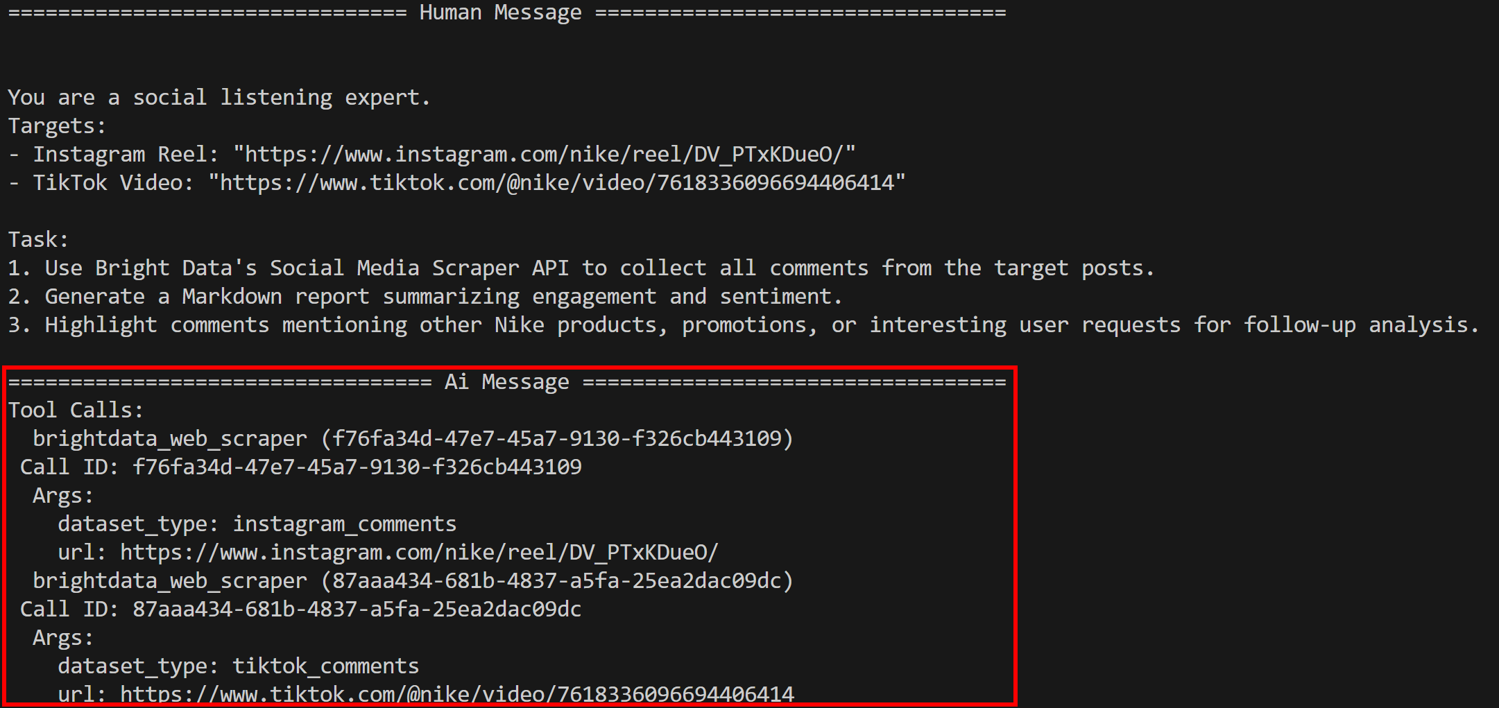 注意智能体调用了 bright_data_web_scraper 工具